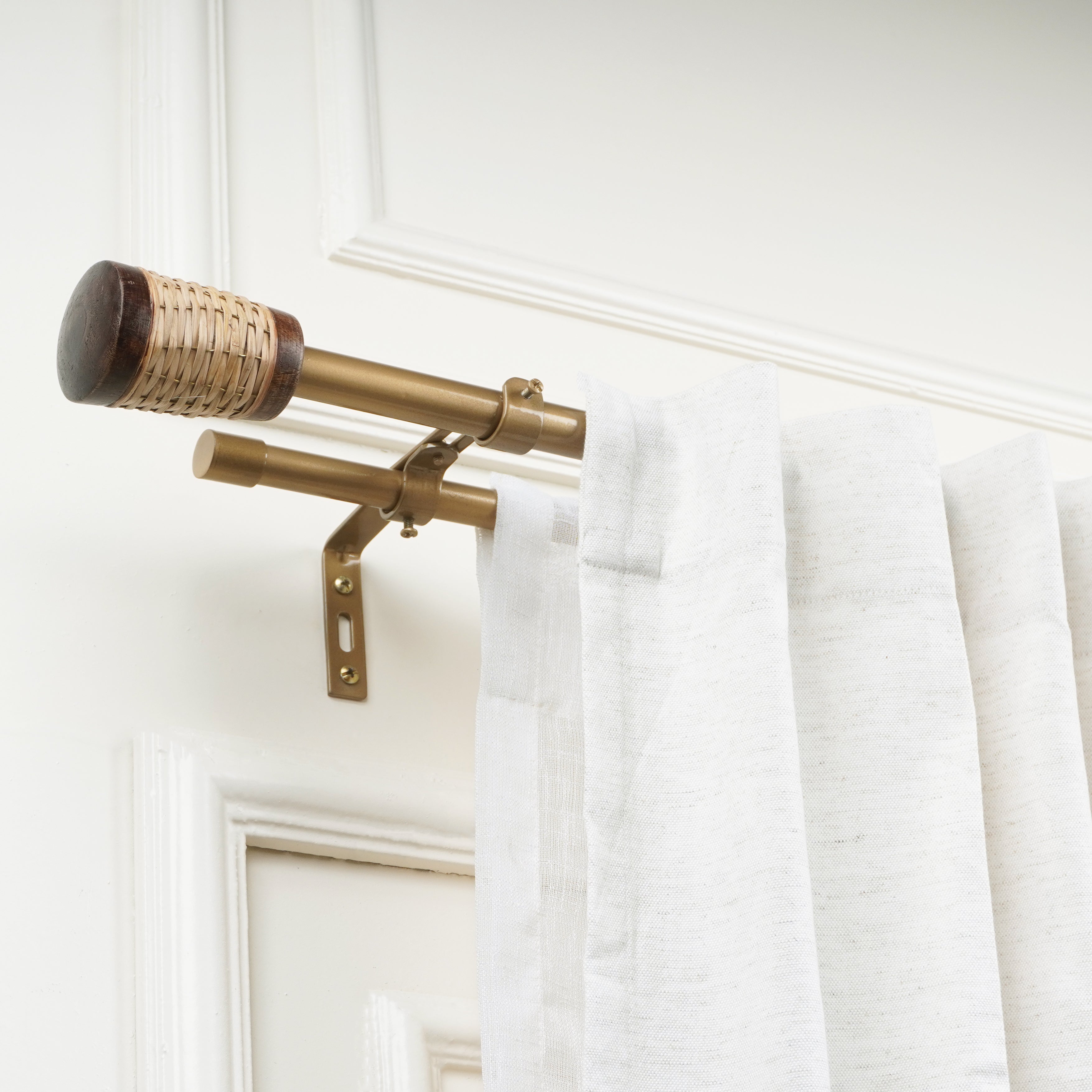 Gold Double Curtain Pole | Wooden & Wicker Finials | Rustproof | 25KG Load | Modern Rustic Style-0