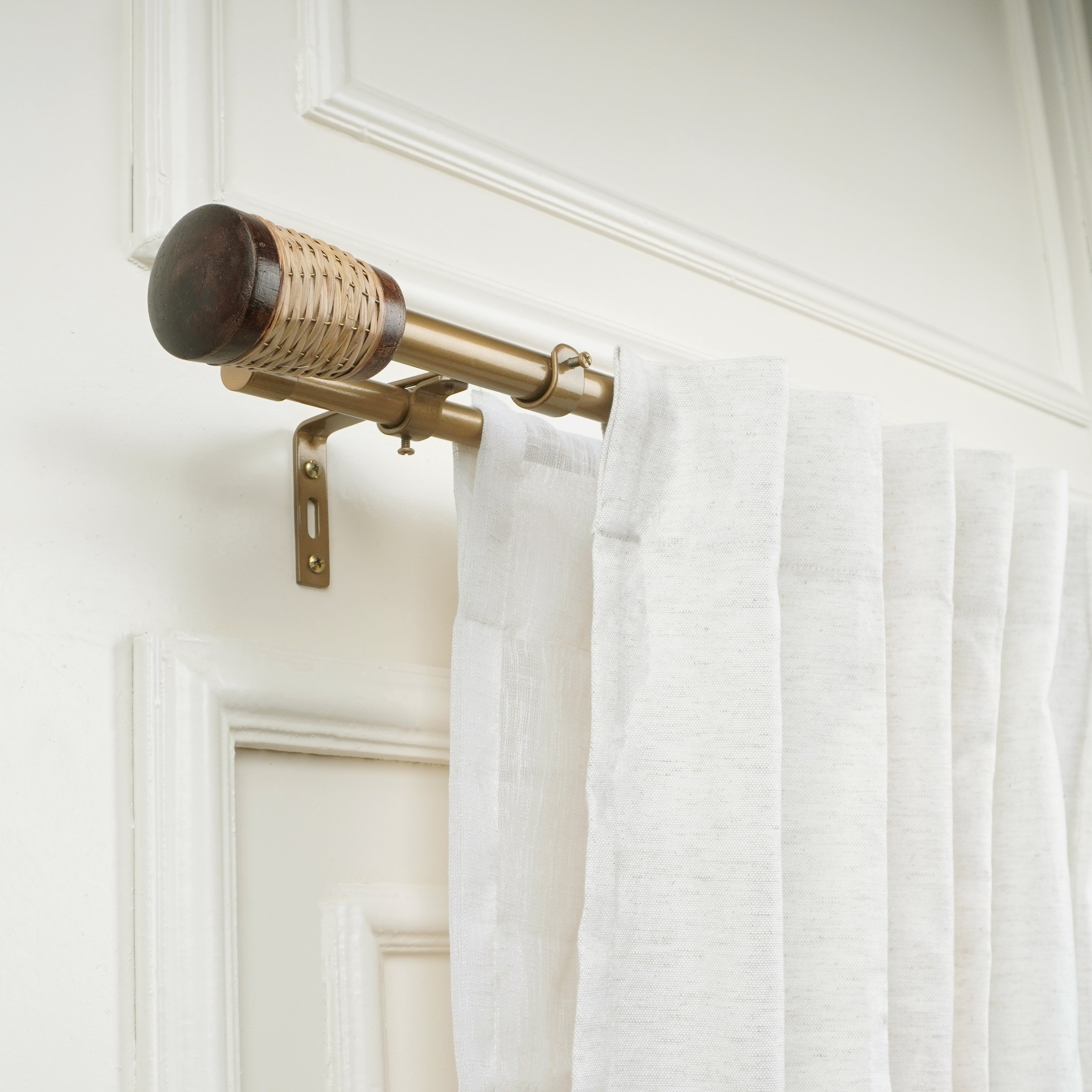 Gold Double Curtain Pole | Wooden & Wicker Finials | Rustproof | 25KG Load | Modern Rustic Style-2