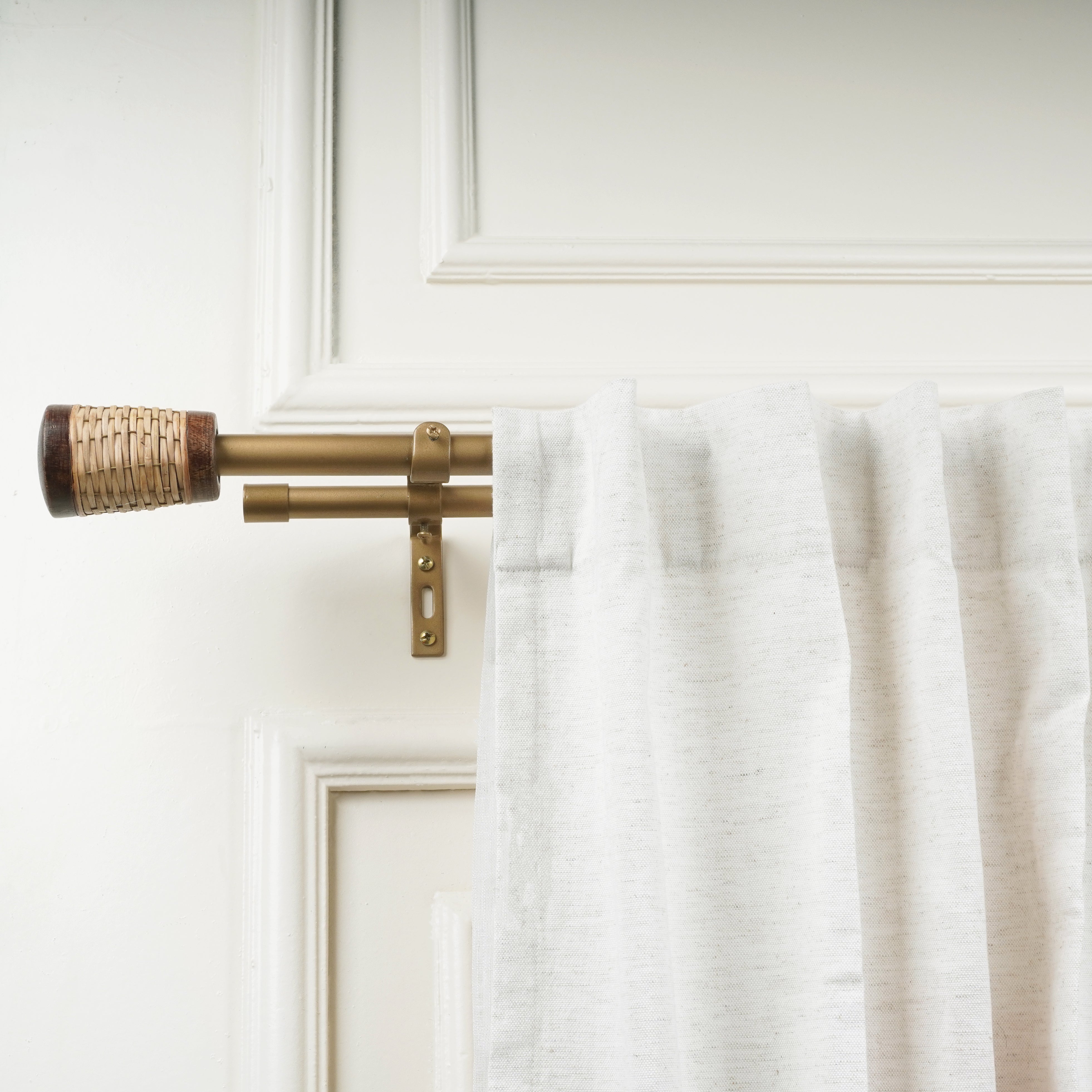 Gold Double Curtain Pole | Wooden & Wicker Finials | Rustproof | 25KG Load | Modern Rustic Style-1