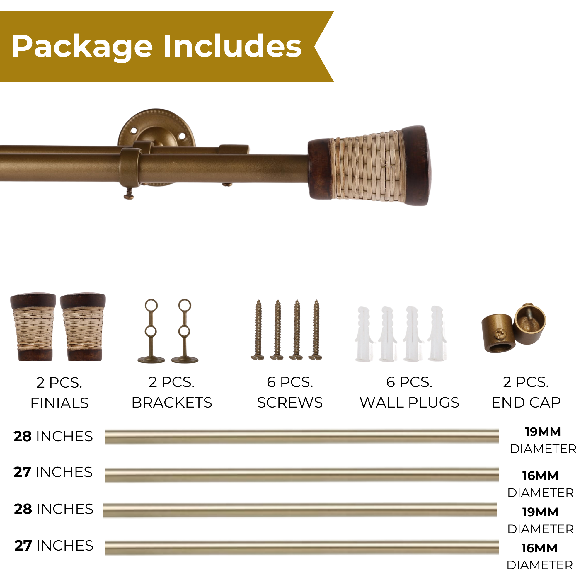 Gold Double Curtain Pole | Wooden & Wicker Finials | Rustproof | 25KG Load | Modern Rustic Style-4