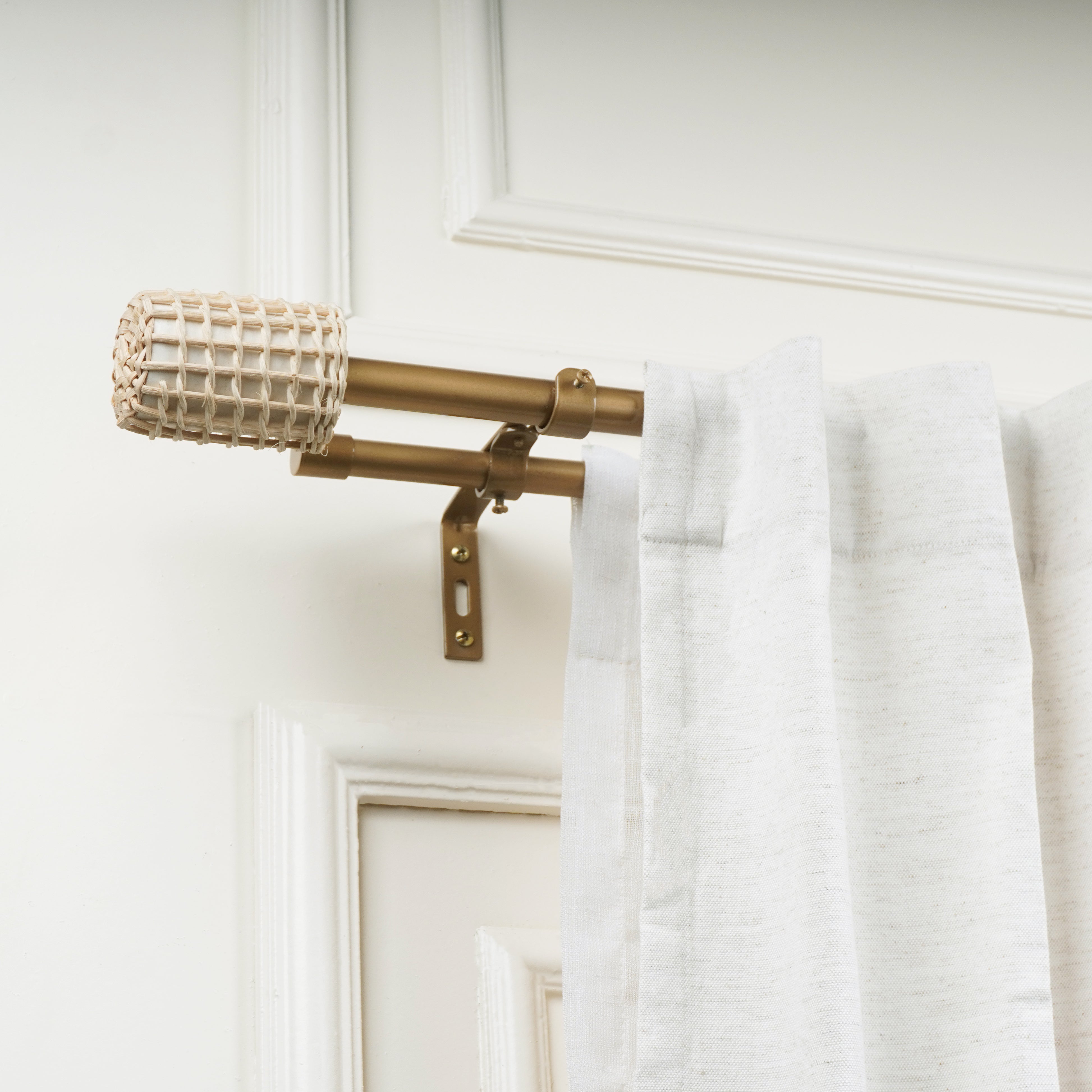 Double Curtain Pole | Gold | Extendable & Adjustable | Basketweave Finials-1