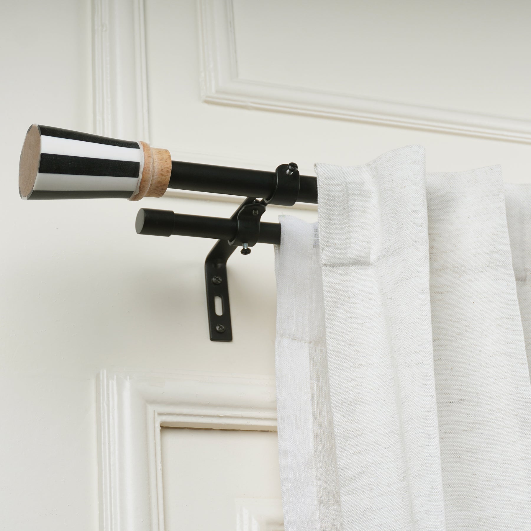 Double Curtain Pole | Black & White | Extendable & Adjustable | 28-144 Inch | Includes Striped Finials-1