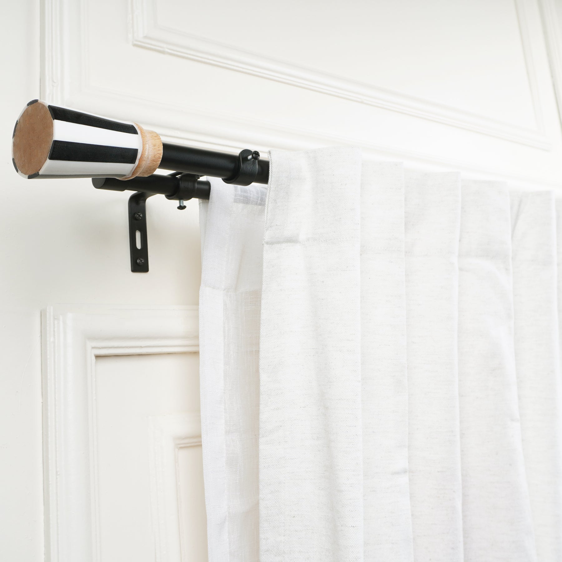 Double Curtain Pole | Black & White | Extendable & Adjustable | 28-144 Inch | Includes Striped Finials-2