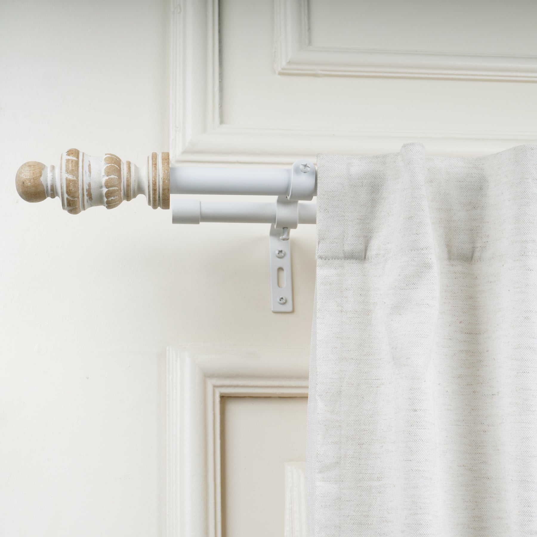 White & Wood Double Curtain Pole | Classic Turned Finials | Extendable | Farmhouse Style-1