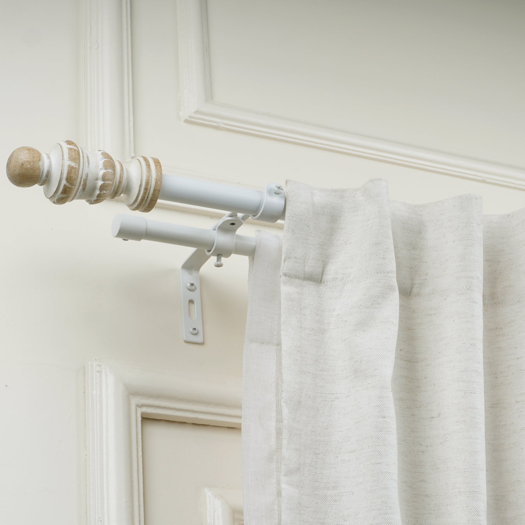 White & Wood Double Curtain Pole | Classic Turned Finials | Extendable | Farmhouse Style-0