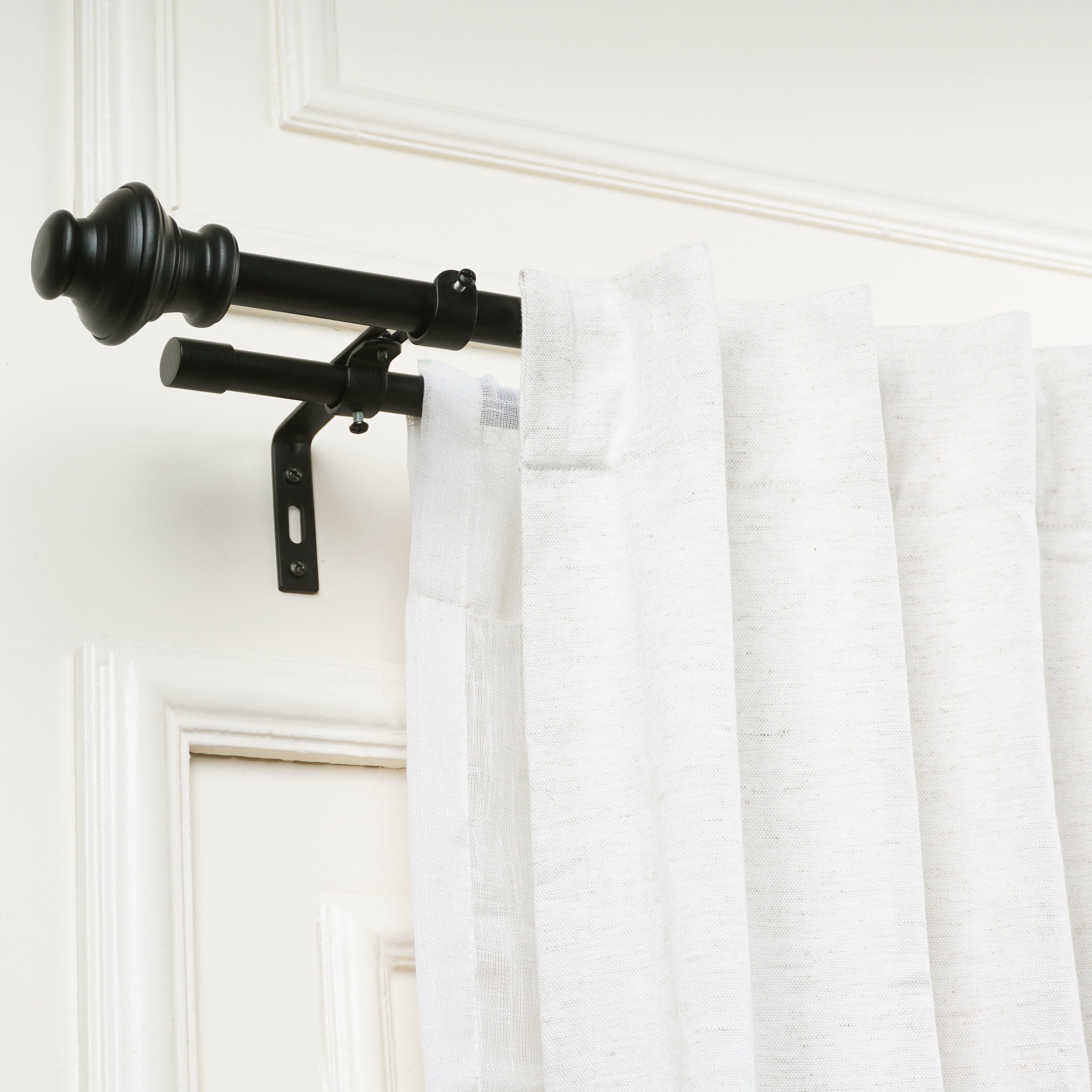 Black Double Curtain Pole | Rustproof & Heavy Duty | Extendable | Classic Finials | 28-144 Inch-0