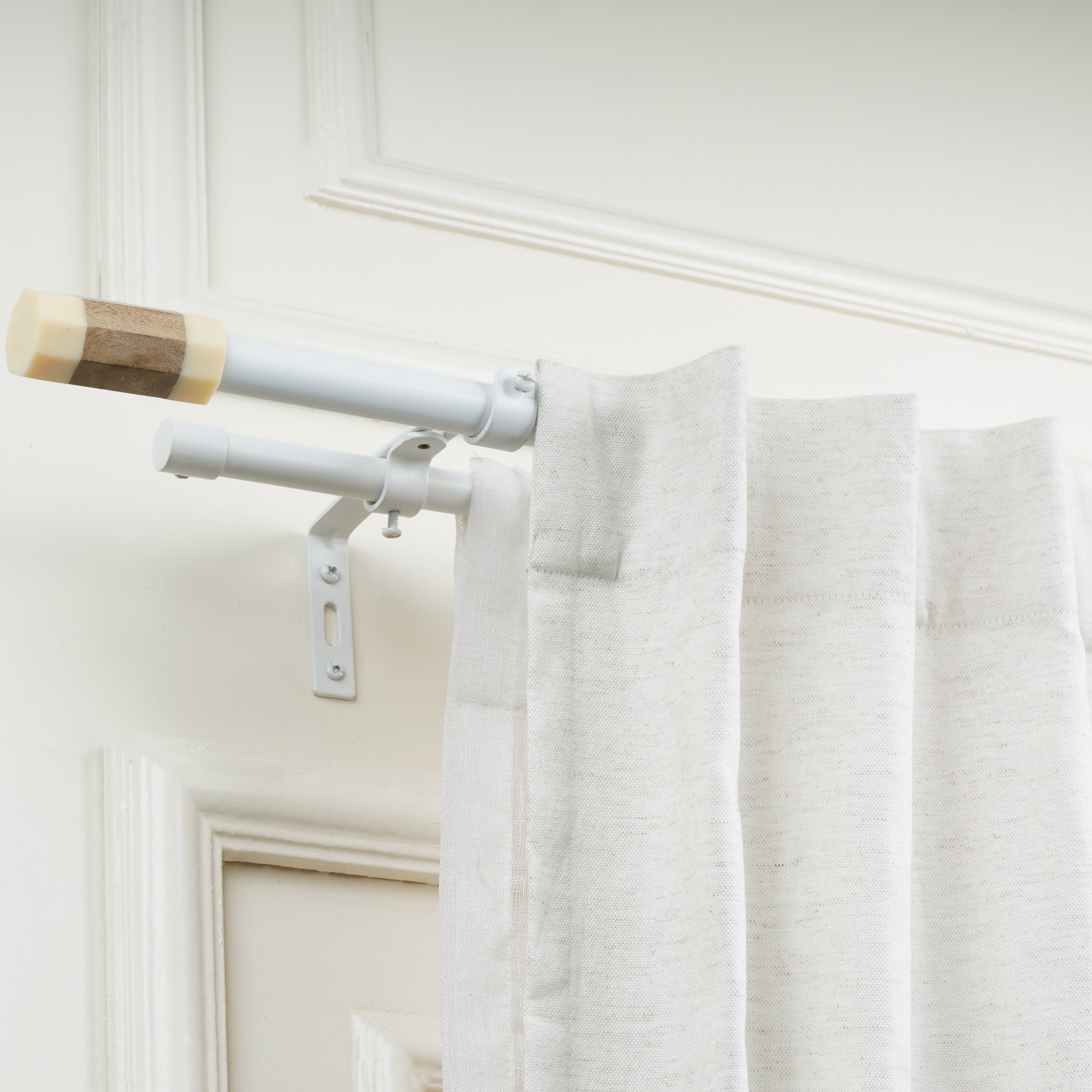 White Double Curtain Pole | Marble & Wood Cylinder Finials | Rustproof | 25KG Load | Modern Style-0