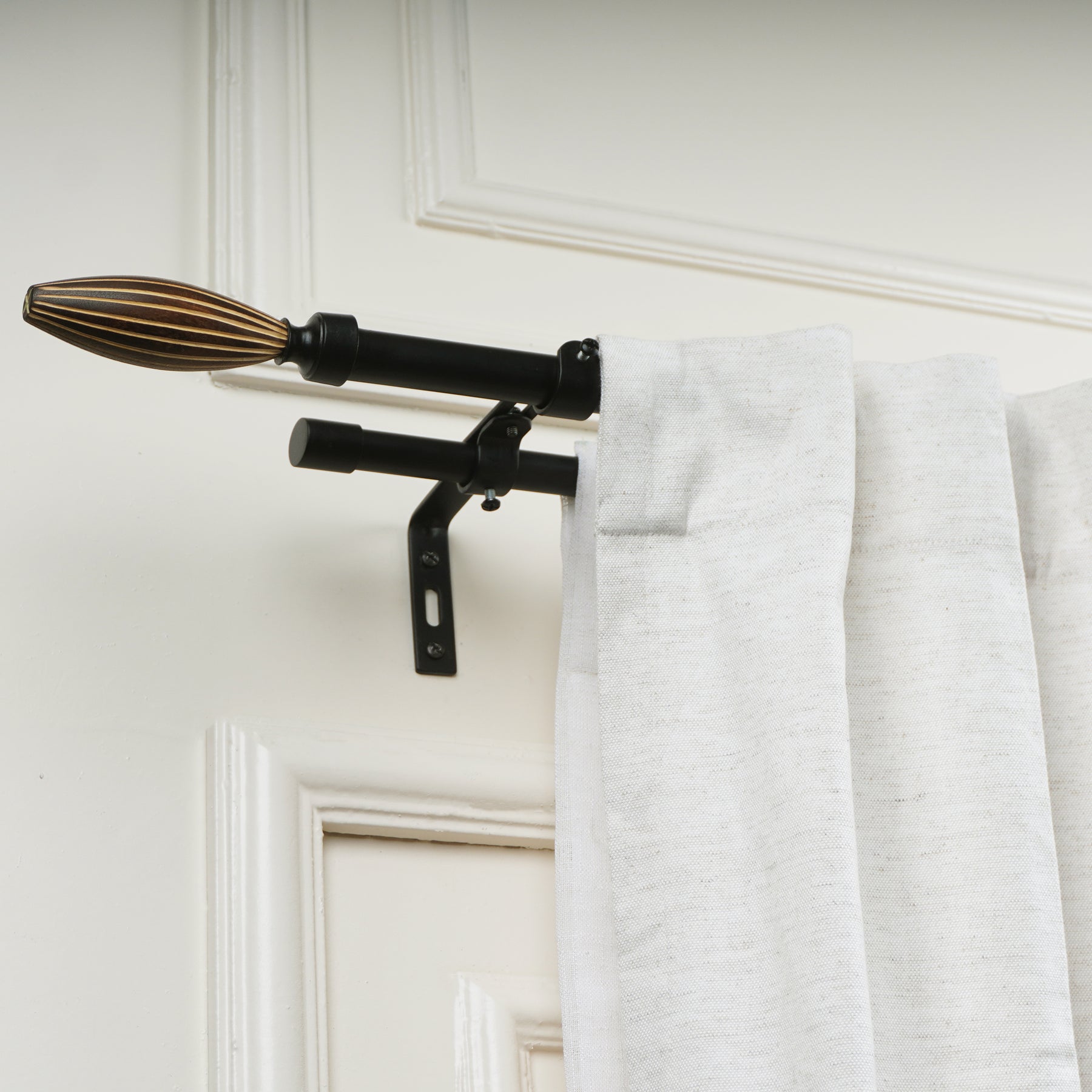 Black Double Curtain Pole Set with Wooden Bud Finials - Extendable, Telescopic, Rustproof - 71-122cm, 122-224cm, 213-366cm-1