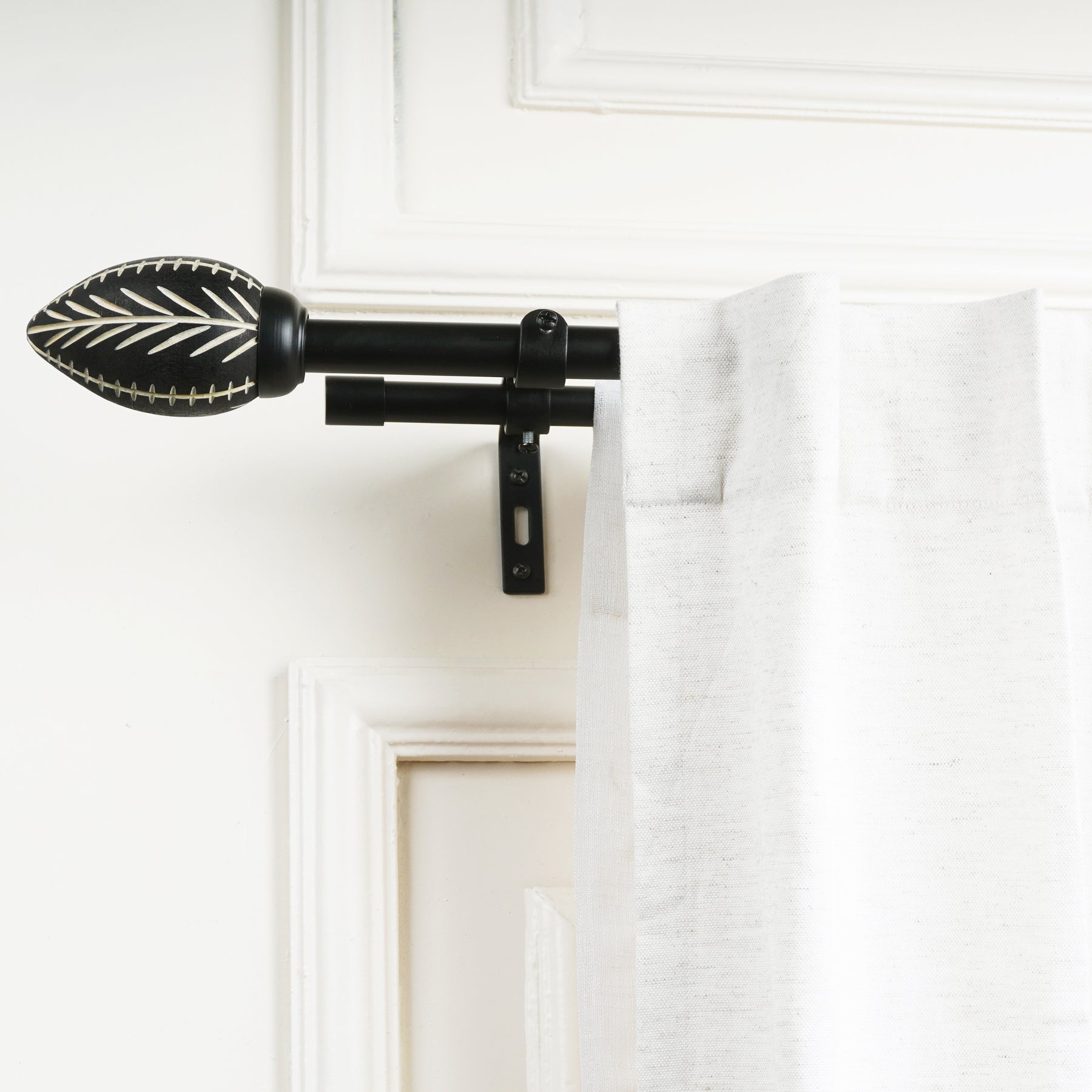 Black Extendable Double Curtain Pole for Doors & Windows | Wooden Hand Painted Bud Finials | Leaf Pattern-1