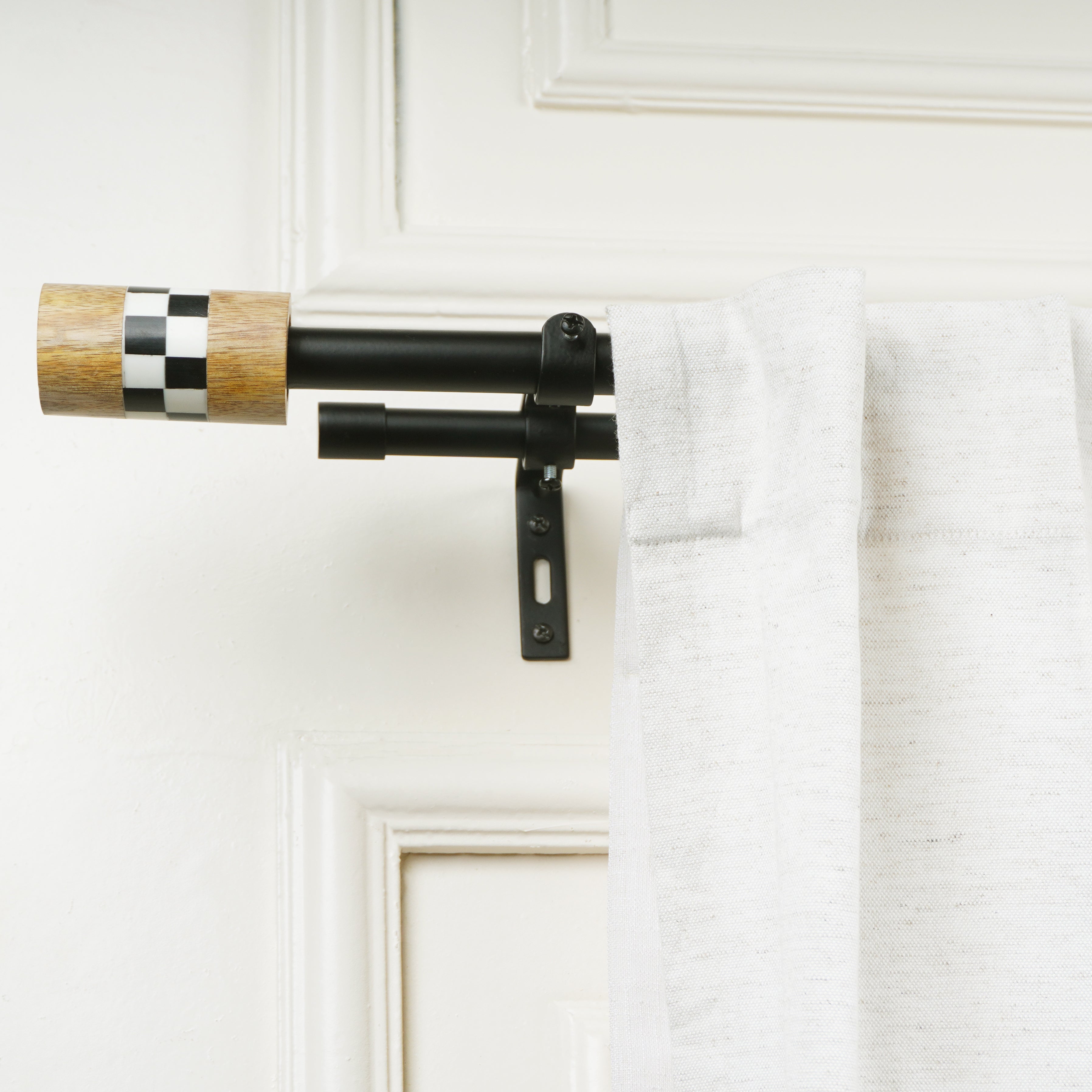 Black Metal Double Curtain Rod | Wood & Checkered Finials | Extendable-1