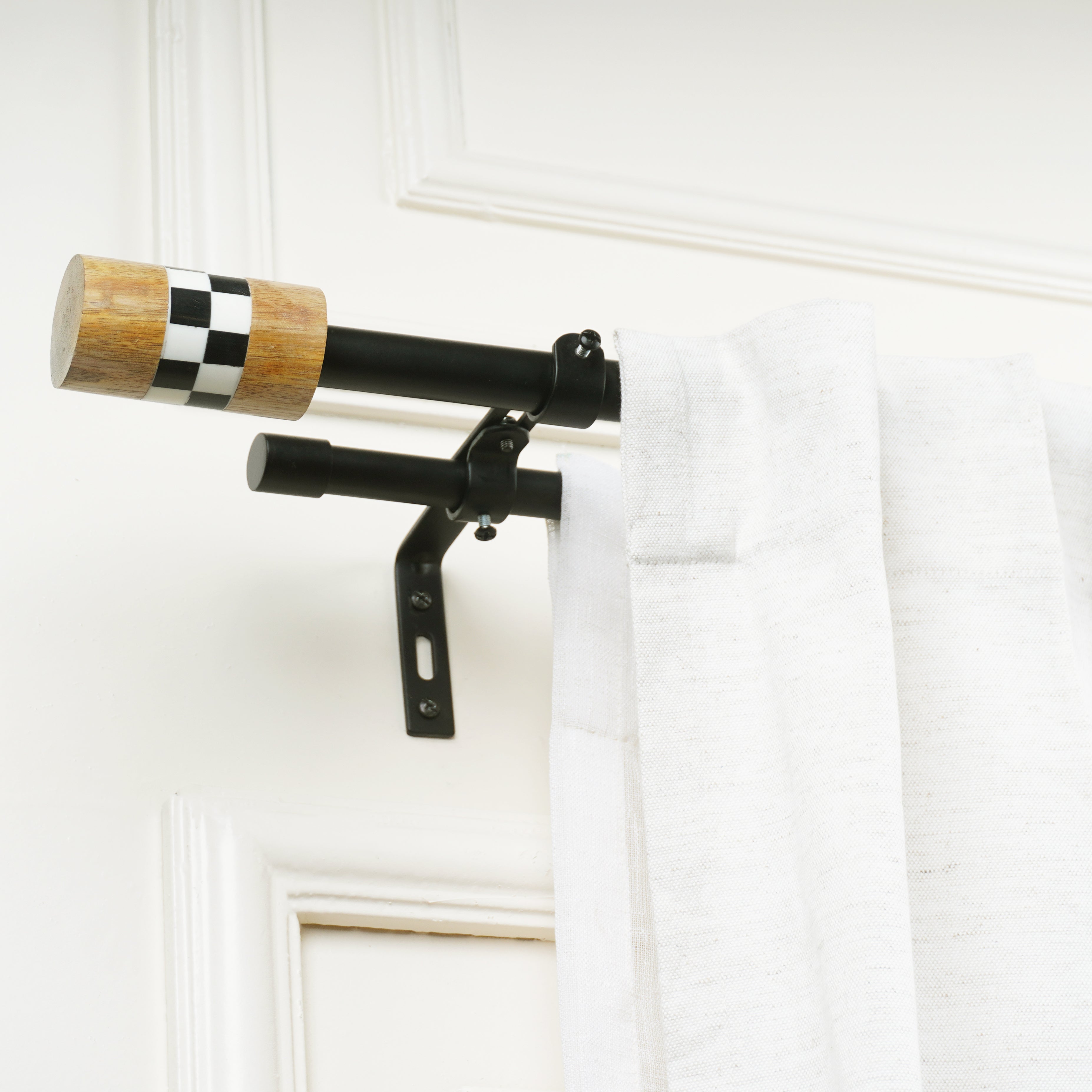 Black Metal Double Curtain Rod | Wood & Checkered Finials | Extendable-0