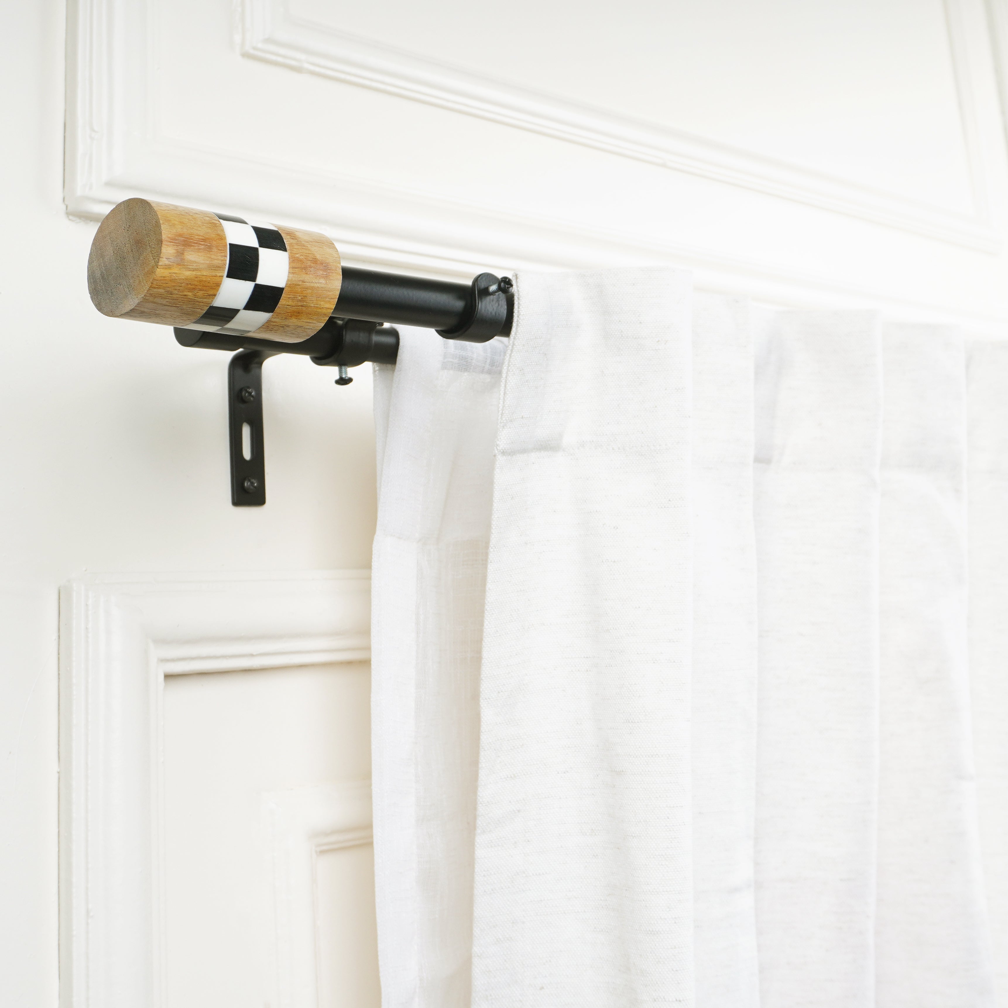 Black Metal Double Curtain Rod | Wood & Checkered Finials | Extendable-2