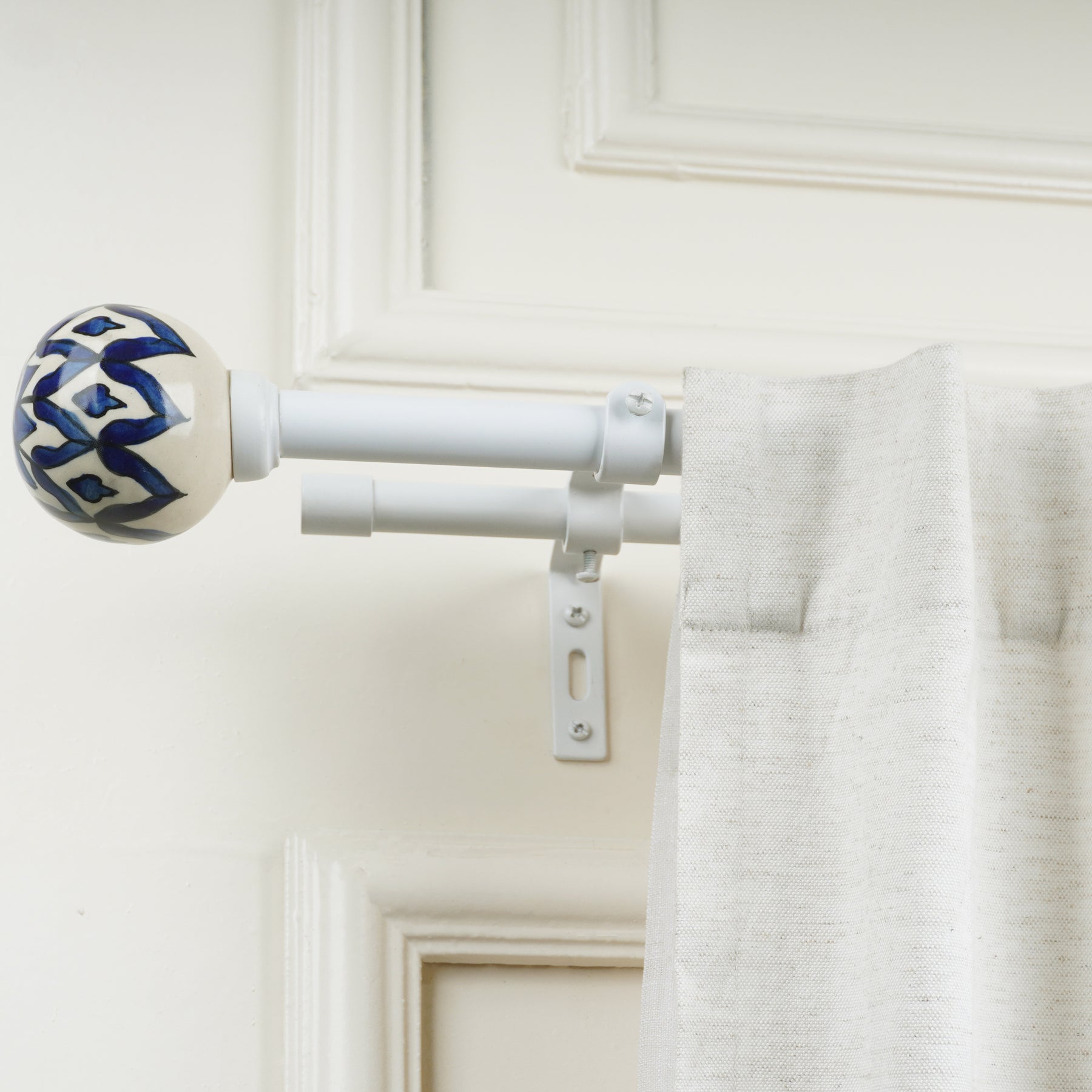 White Extendable Double Curtain Pole | Blue & White Ceramic Finials | Persian Hand Painted Pattern-1