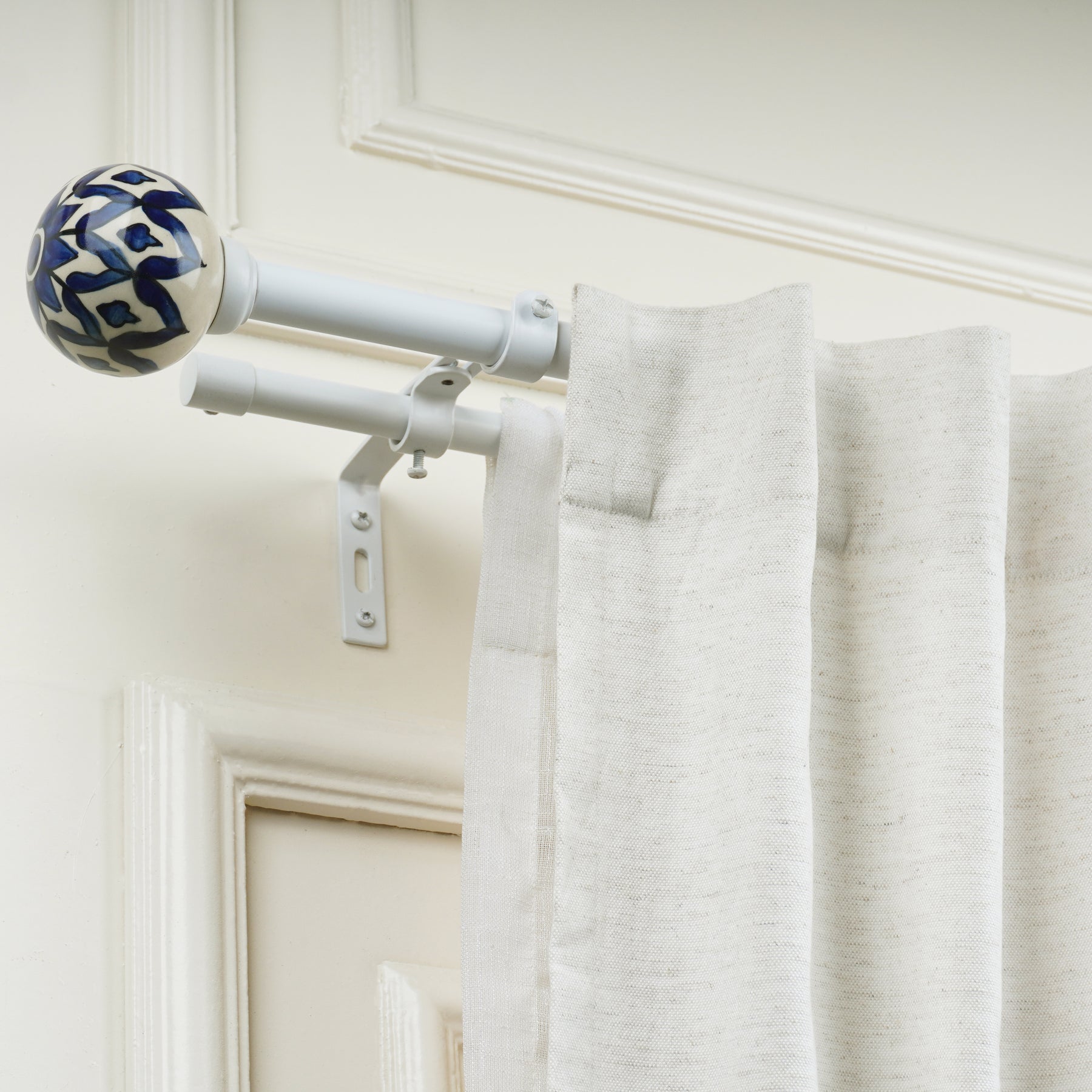 White Extendable Double Curtain Pole | Blue & White Ceramic Finials | Persian Hand Painted Pattern-0