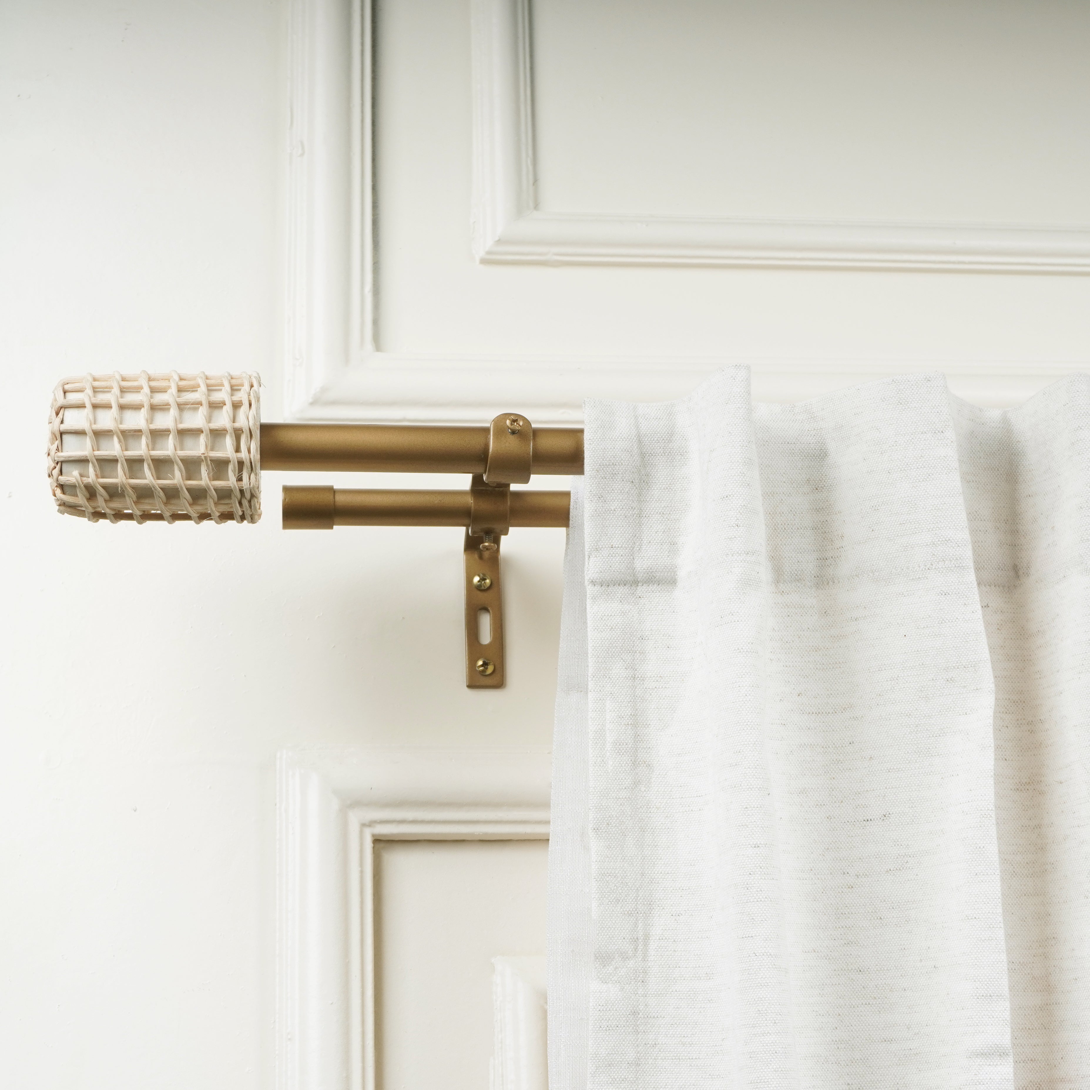 Double Curtain Pole | Gold | Extendable & Adjustable | Basketweave Finials-0