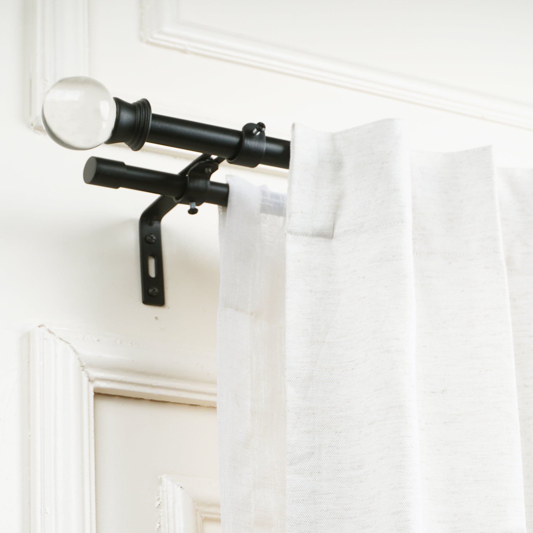 Black Extendable Double Curtain Pole with Elegant Crystal Ball Finials-0