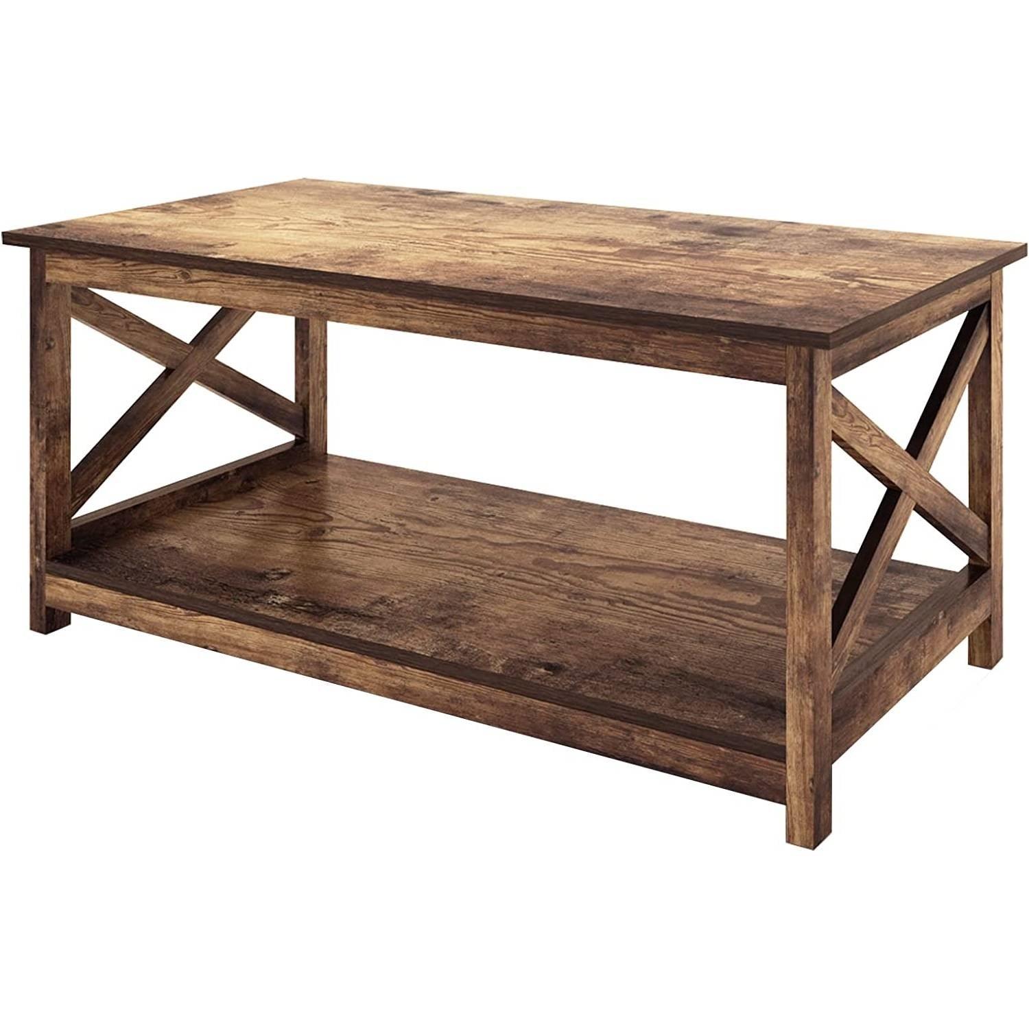 Contemporary 2-Tier Farmhouse Coffee Table in Rustic Wood Finish - PRHOMZ