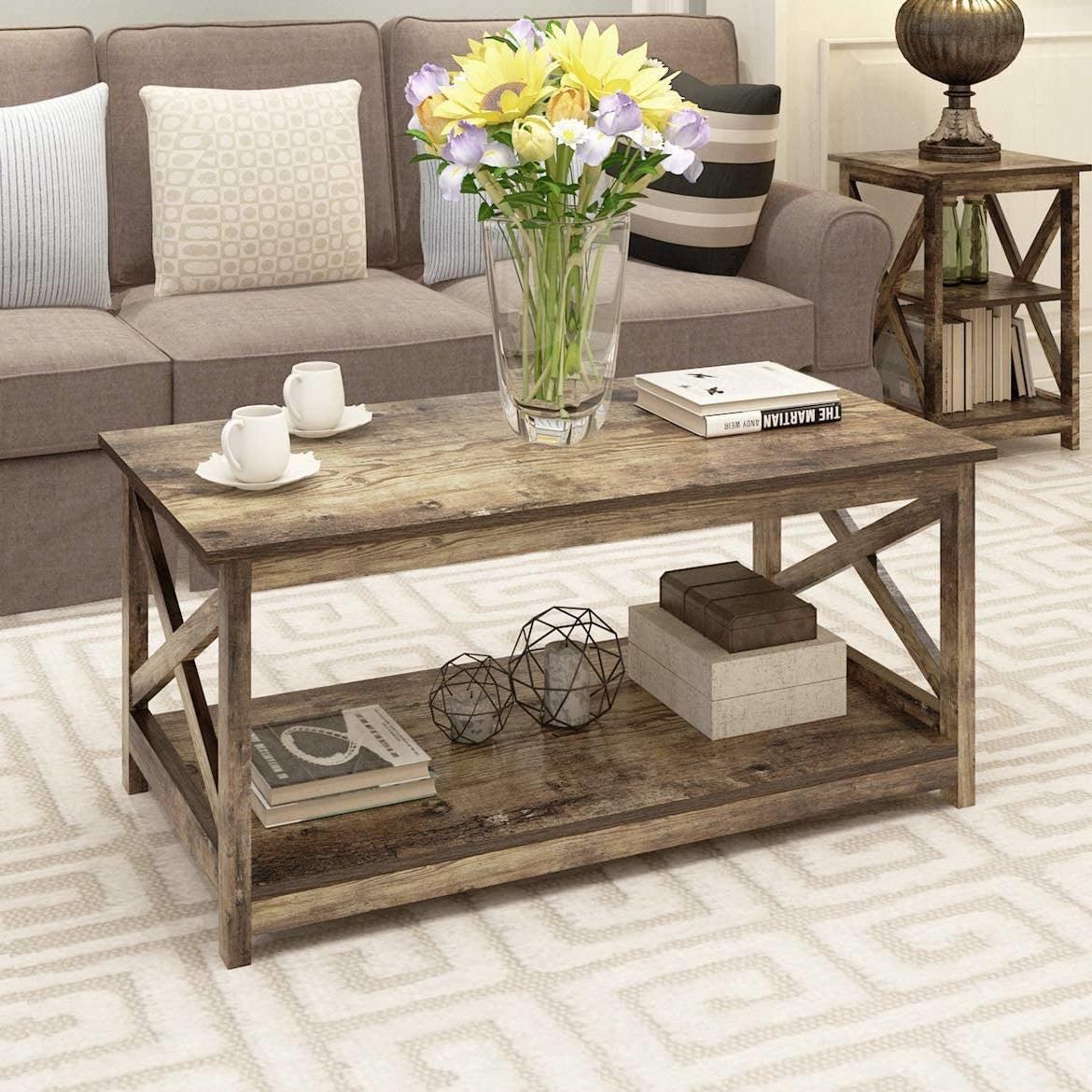 Contemporary 2-Tier Farmhouse Coffee Table in Rustic Wood Finish - PRHOMZ