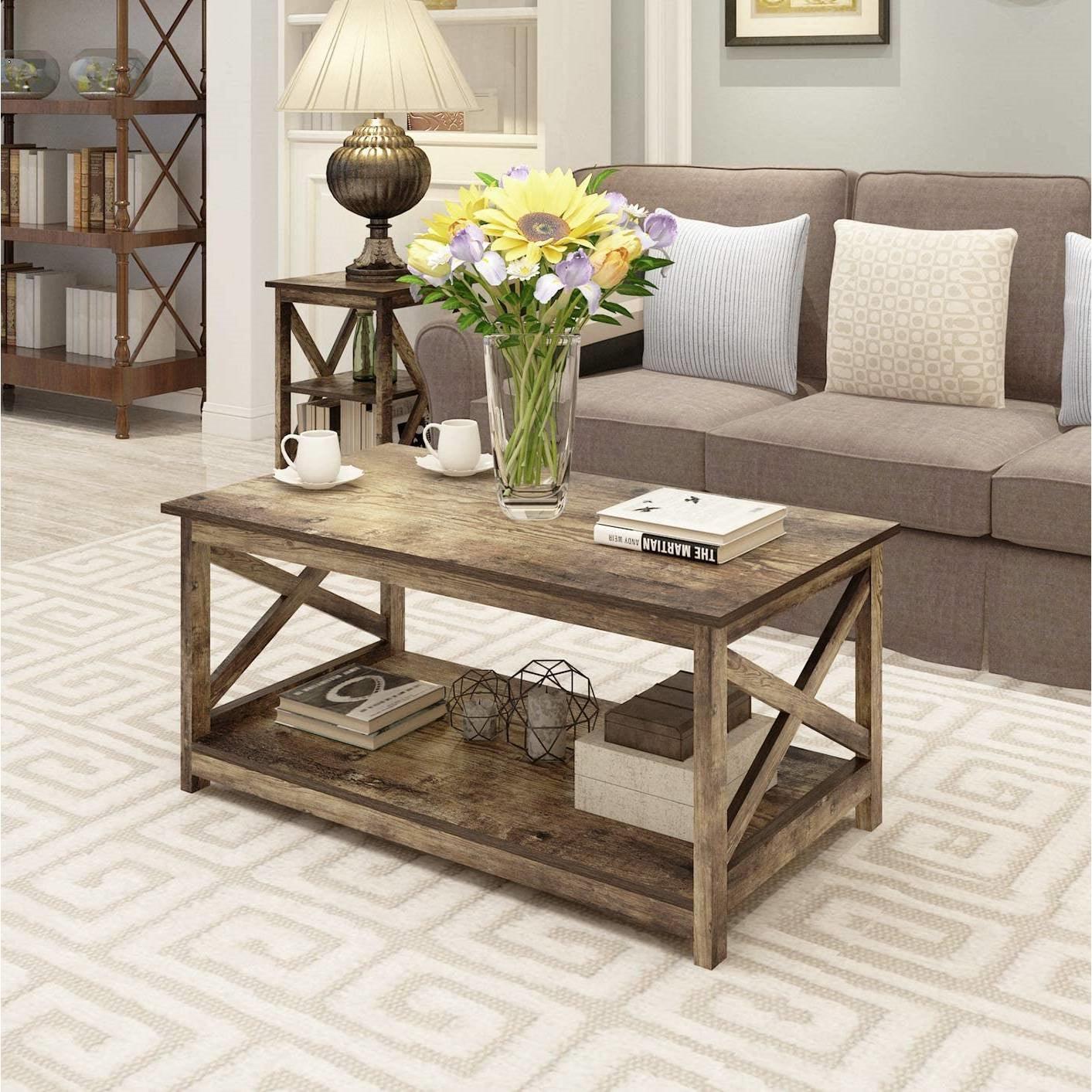 Contemporary 2-Tier Farmhouse Coffee Table in Rustic Wood Finish - PRHOMZ