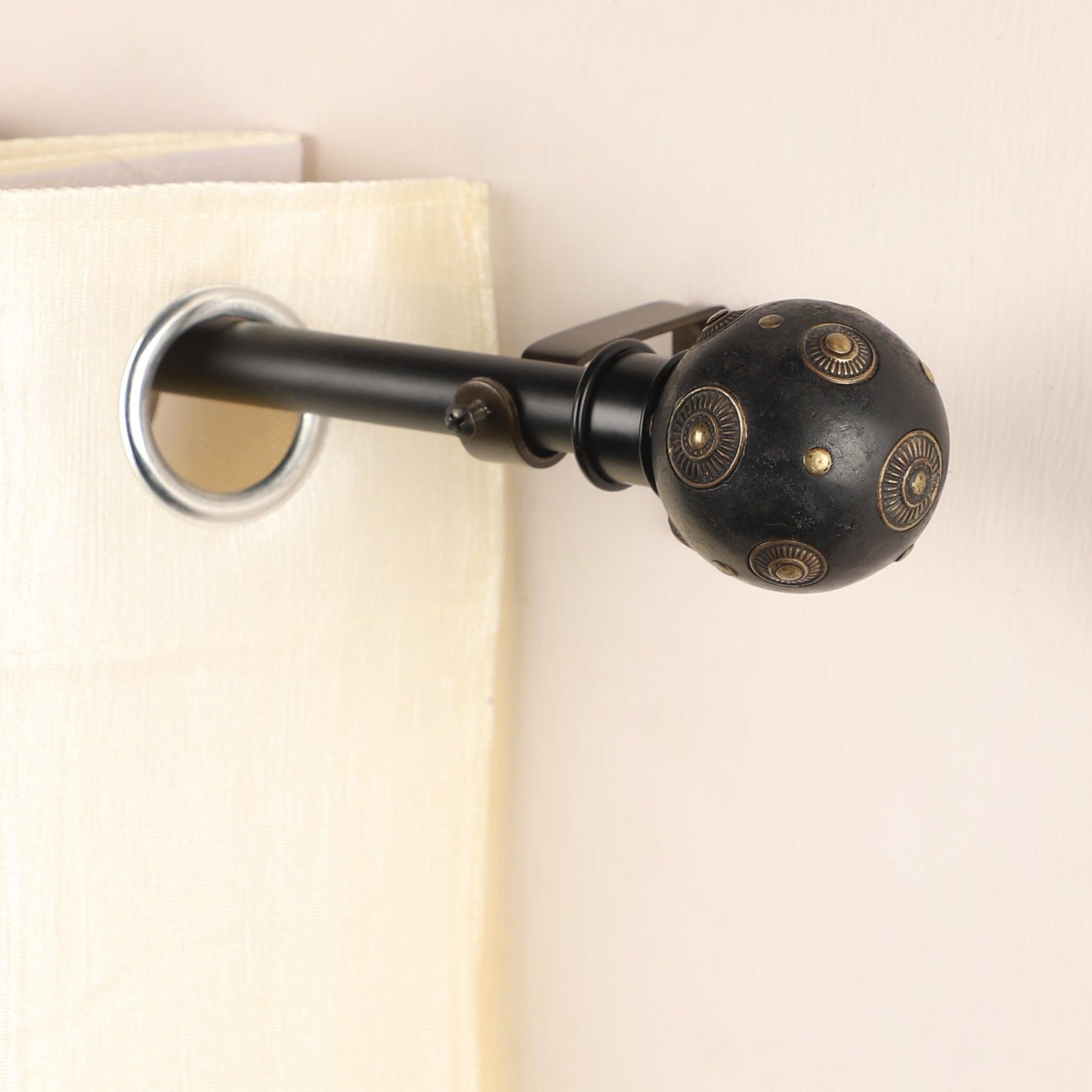 Black Extendable Curtain Pole | Studded Wooden Finials | 61-366cm-0