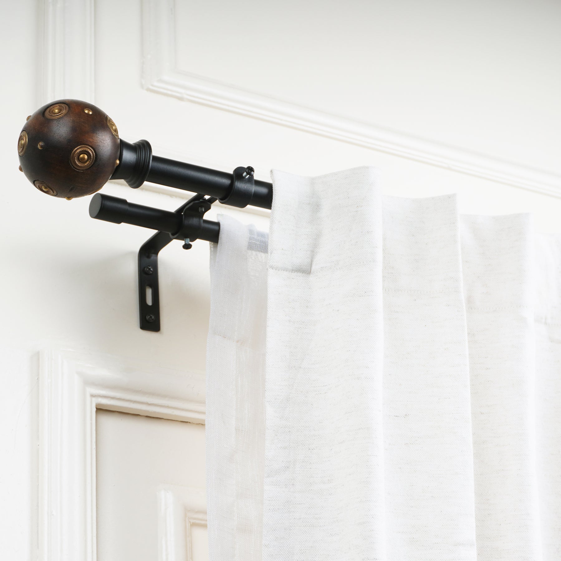 Black Extendable Double Curtain Pole with Dark Wood & Antique Brass Ball Finials | 28-144 Inch-1