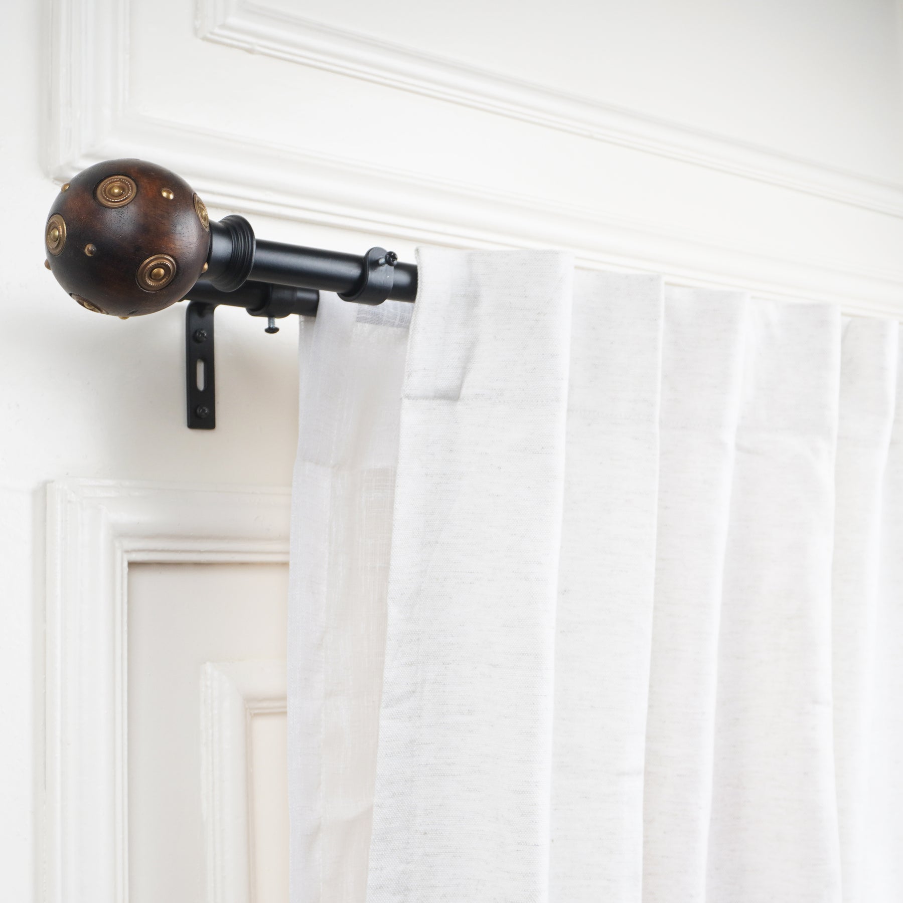 Black Extendable Double Curtain Pole with Dark Wood & Antique Brass Ball Finials | 28-144 Inch-2