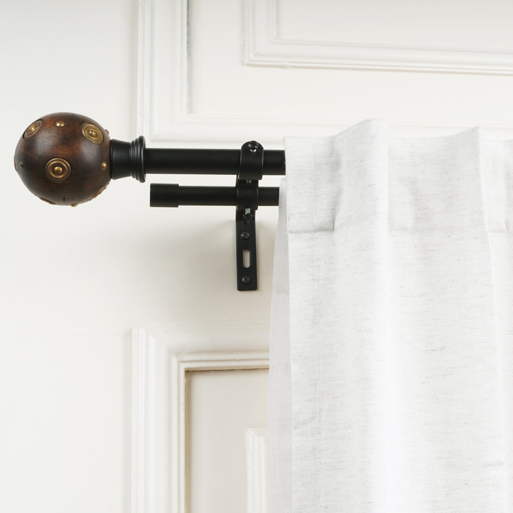 Black Extendable Double Curtain Pole with Dark Wood & Antique Brass Ball Finials | 28-144 Inch-0