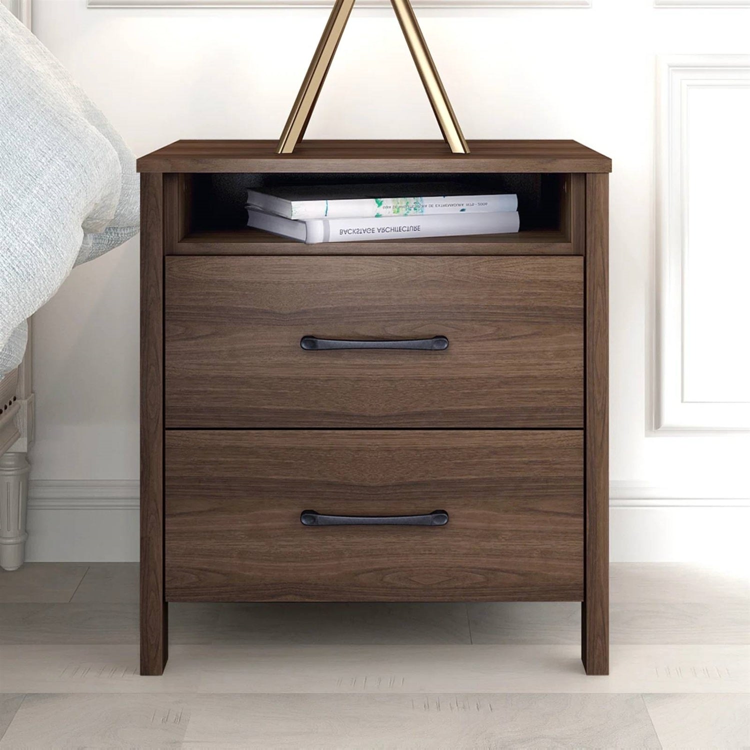 Modern 2-Drawer Nightstand Bedside Table in Brown Walnut Wood Finish-0