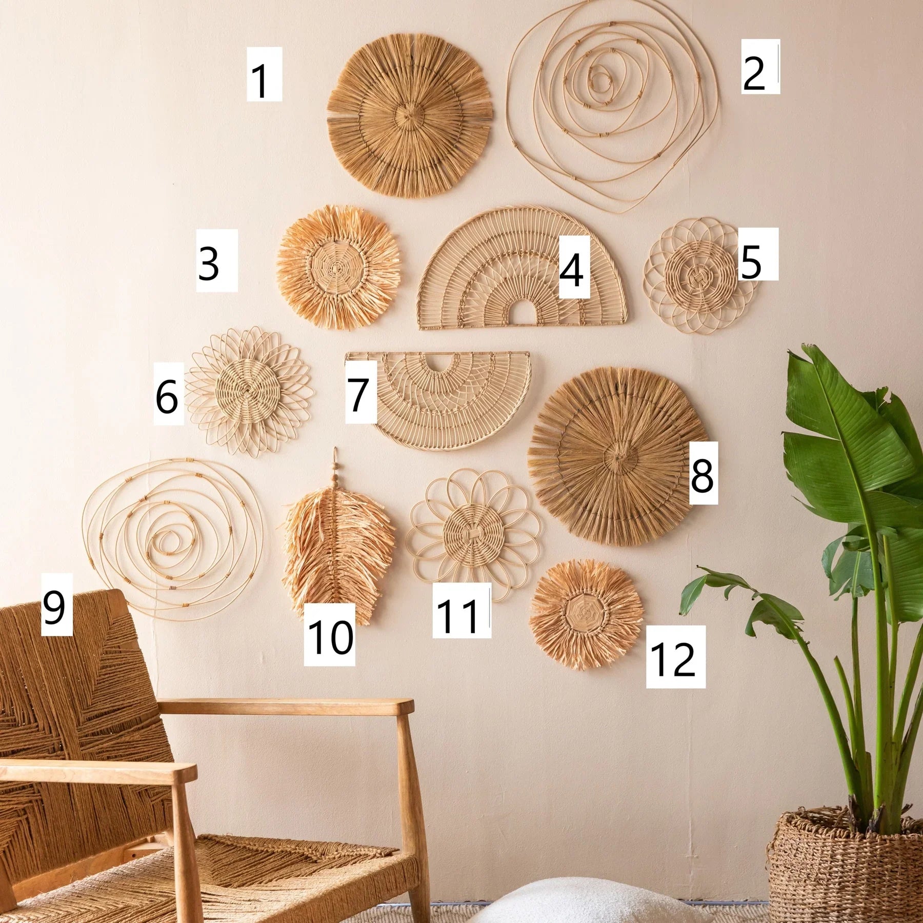 Bohemian Rattan Wall Art Set (12pcs) - Natural Woven Decor for Living Room, Bedroom-2