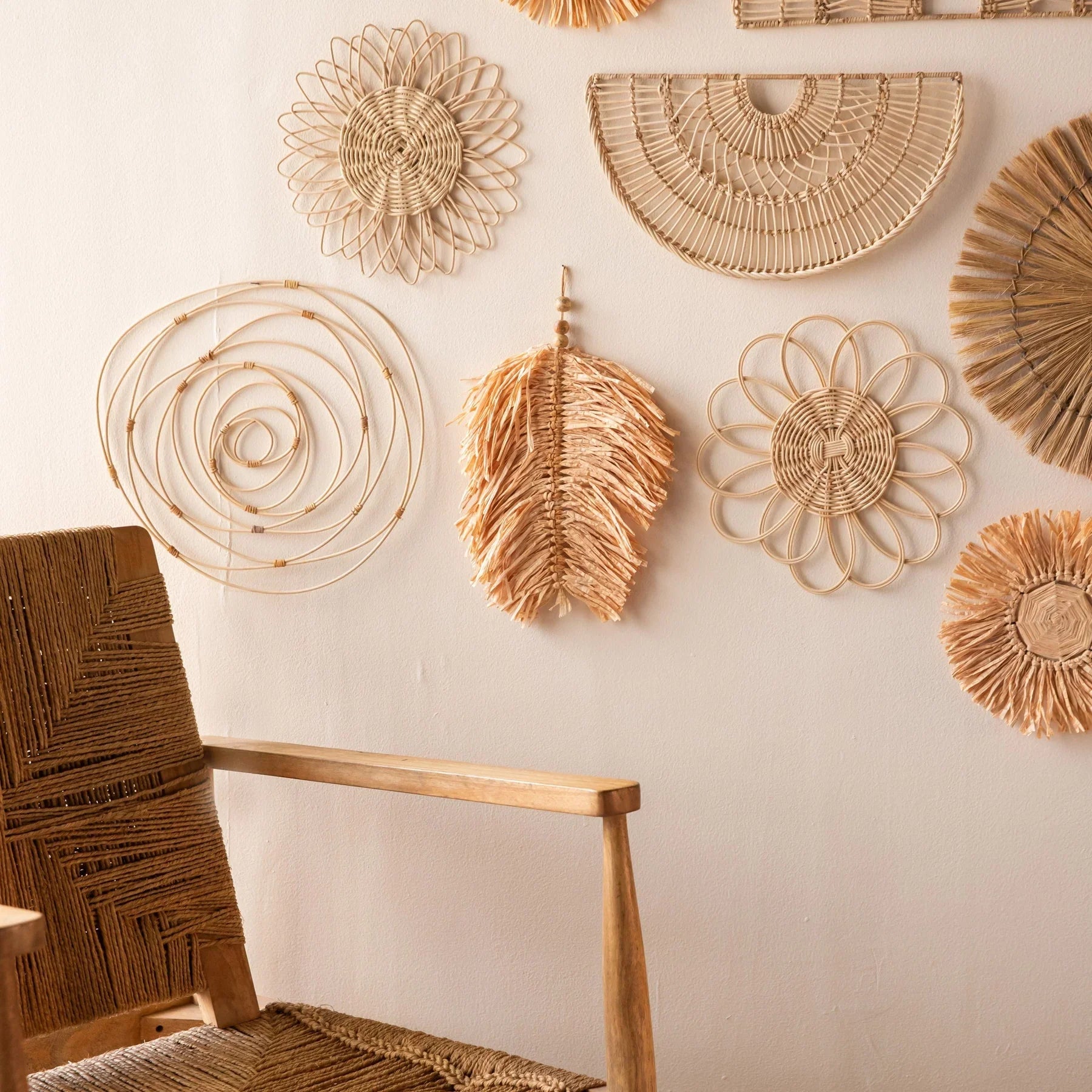 Bohemian Rattan Wall Art Set (12pcs) - Natural Woven Decor for Living Room, Bedroom-1