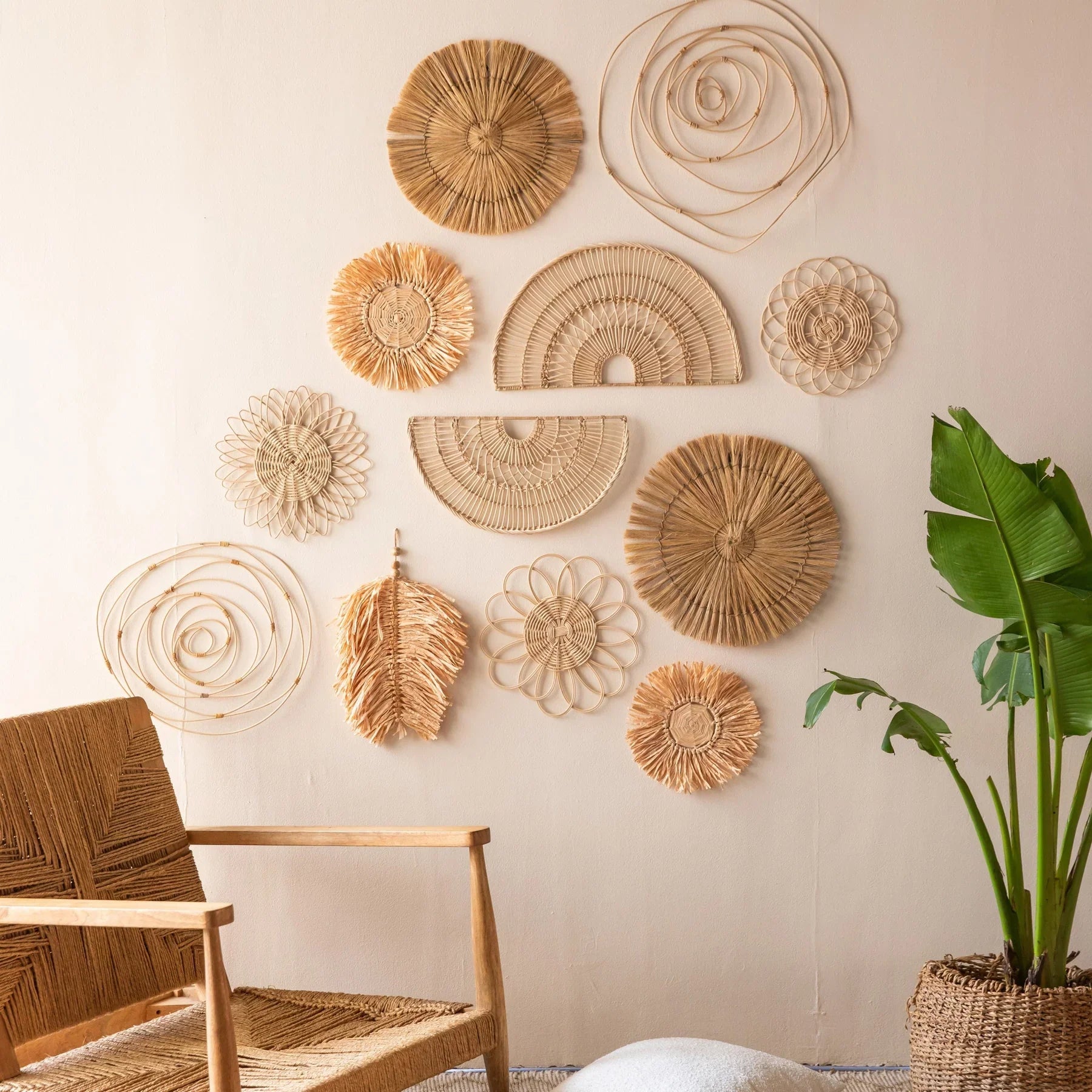 Bohemian Rattan Wall Art Set (12pcs) - Natural Woven Decor for Living Room, Bedroom-0