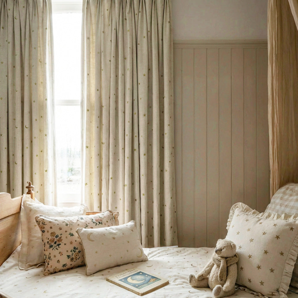 Ravi Moon & Star Embroidered Cotton Linen Curtains