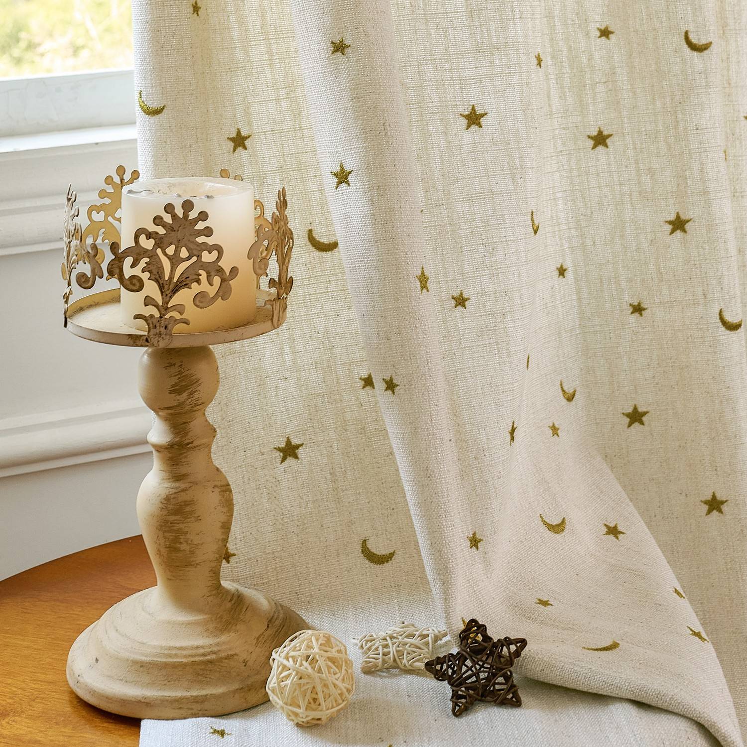 Ravi Moon & Star Embroidered Cotton Linen Curtains