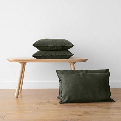 Moss-green- Set of 2 | Raw Edged Pillow Covers, Cushion Covers (Covers only) in Pure Linen | Super Soft | Pre-washed - PRHOMZ