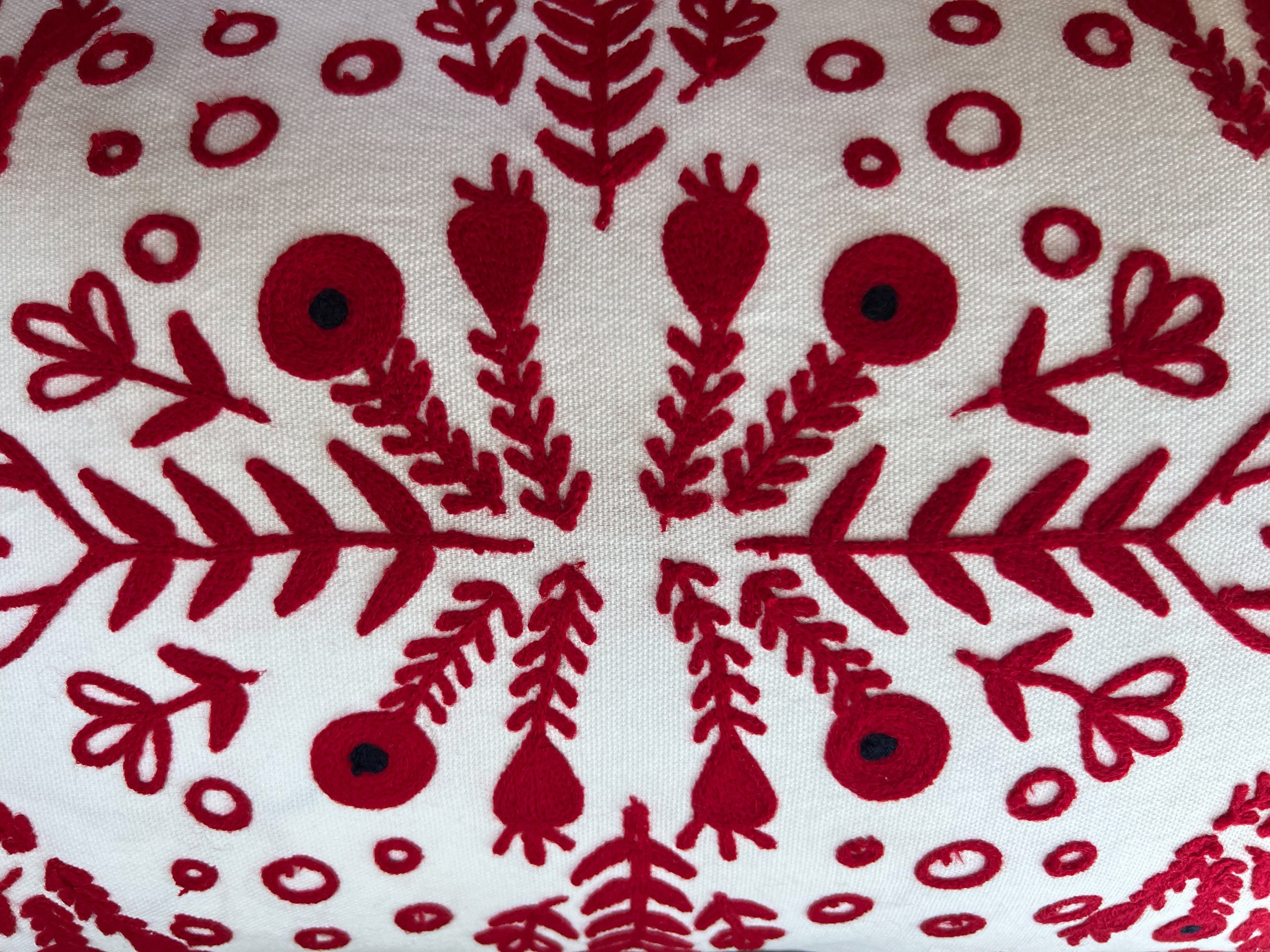 Red & White Embroidered Throw Pillow with Tassels Handcrafted Elegance for Your Home