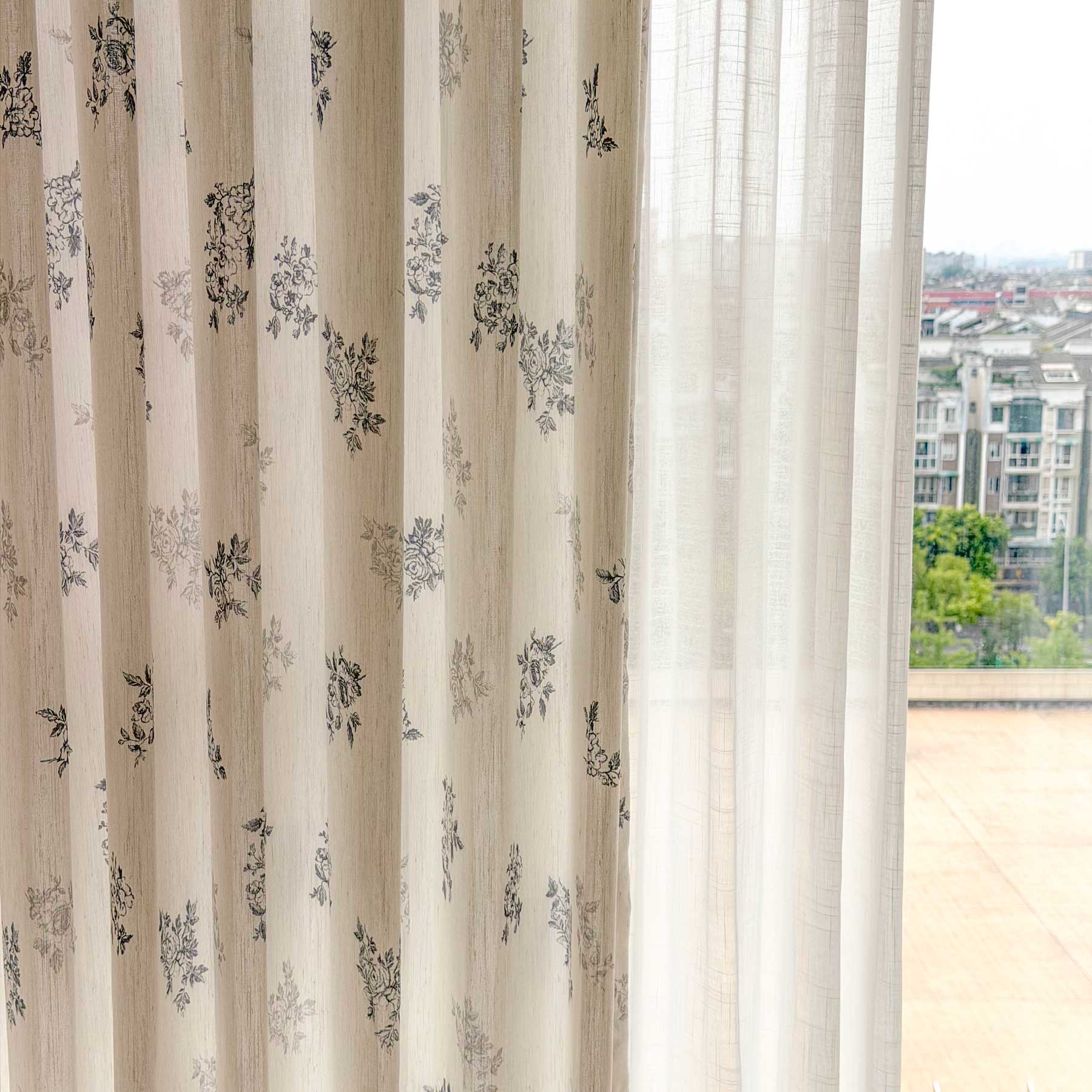 Reeta French Style Grey Floral Printed Curtains