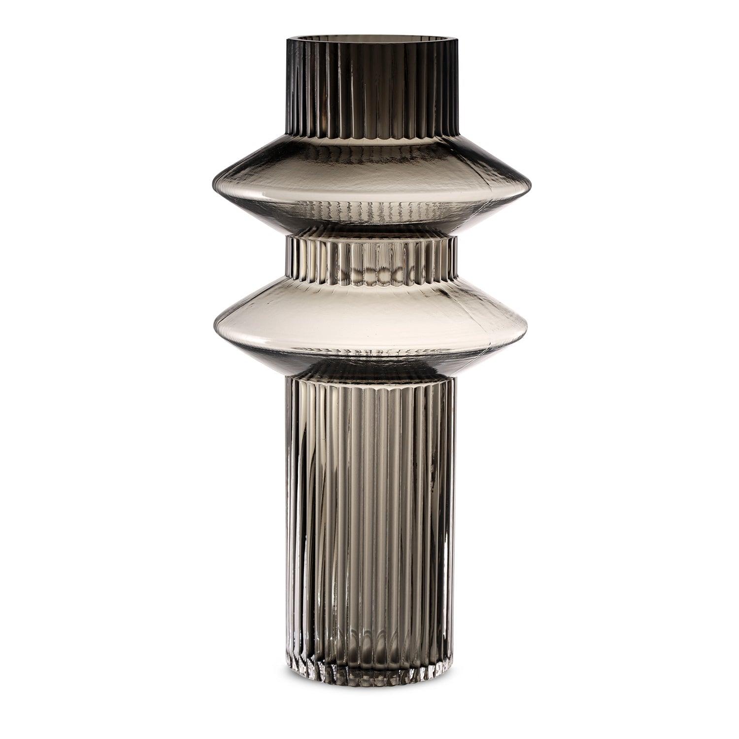 Ribbed Layered Tall Glass Vase-Large-Grey - PRHOMZ
