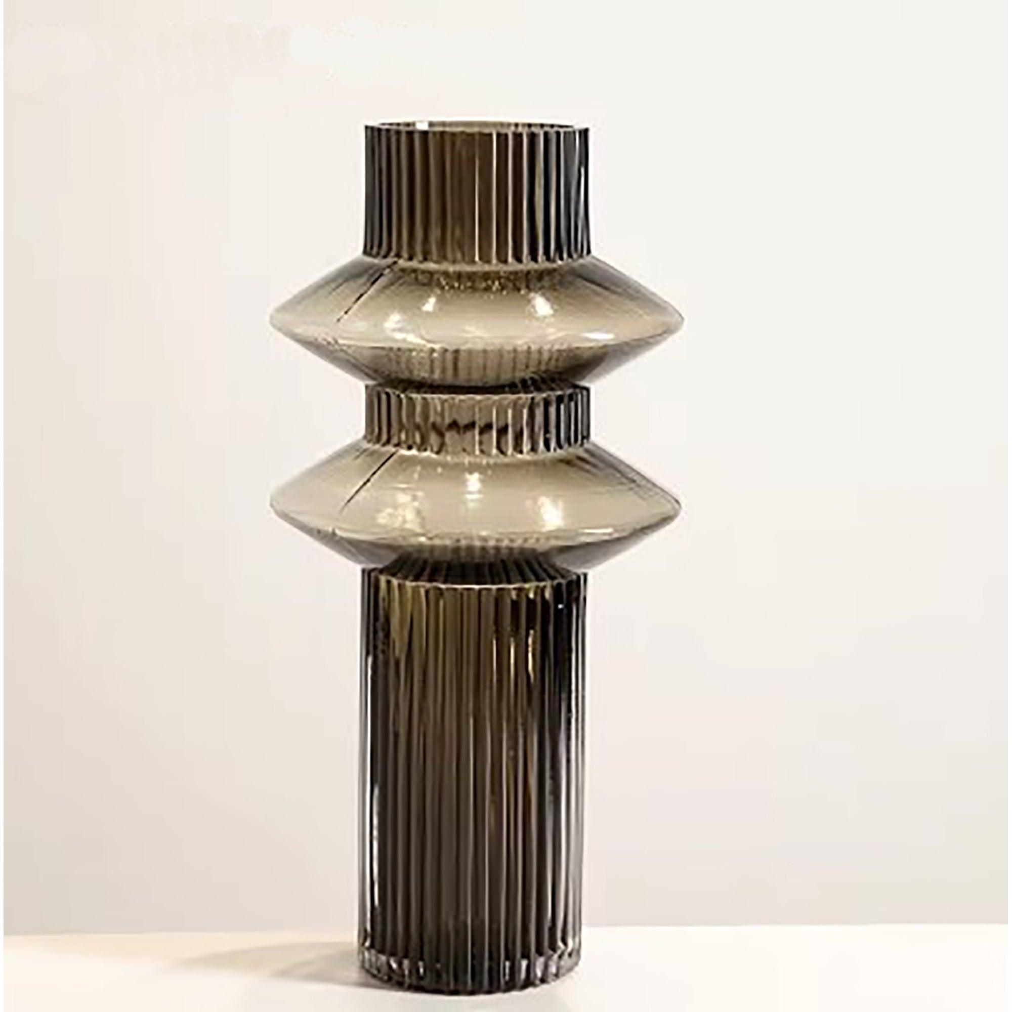 Ribbed Layered Tall Glass Vase-Large-Grey - PRHOMZ