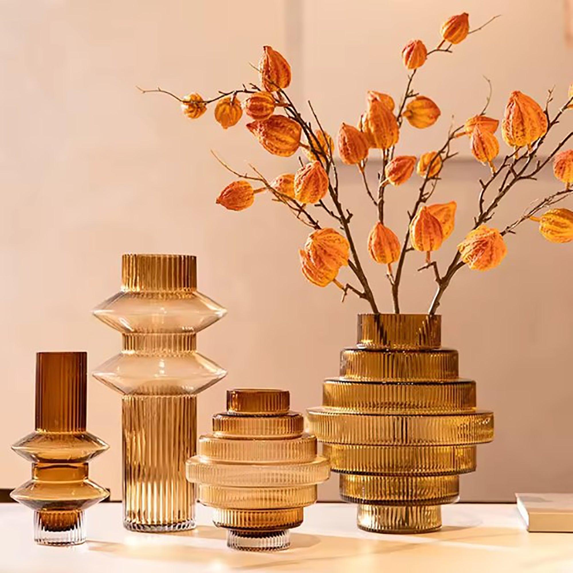 Ribbed Layered Wide Glass Vase-Large-Amber - PRHOMZ