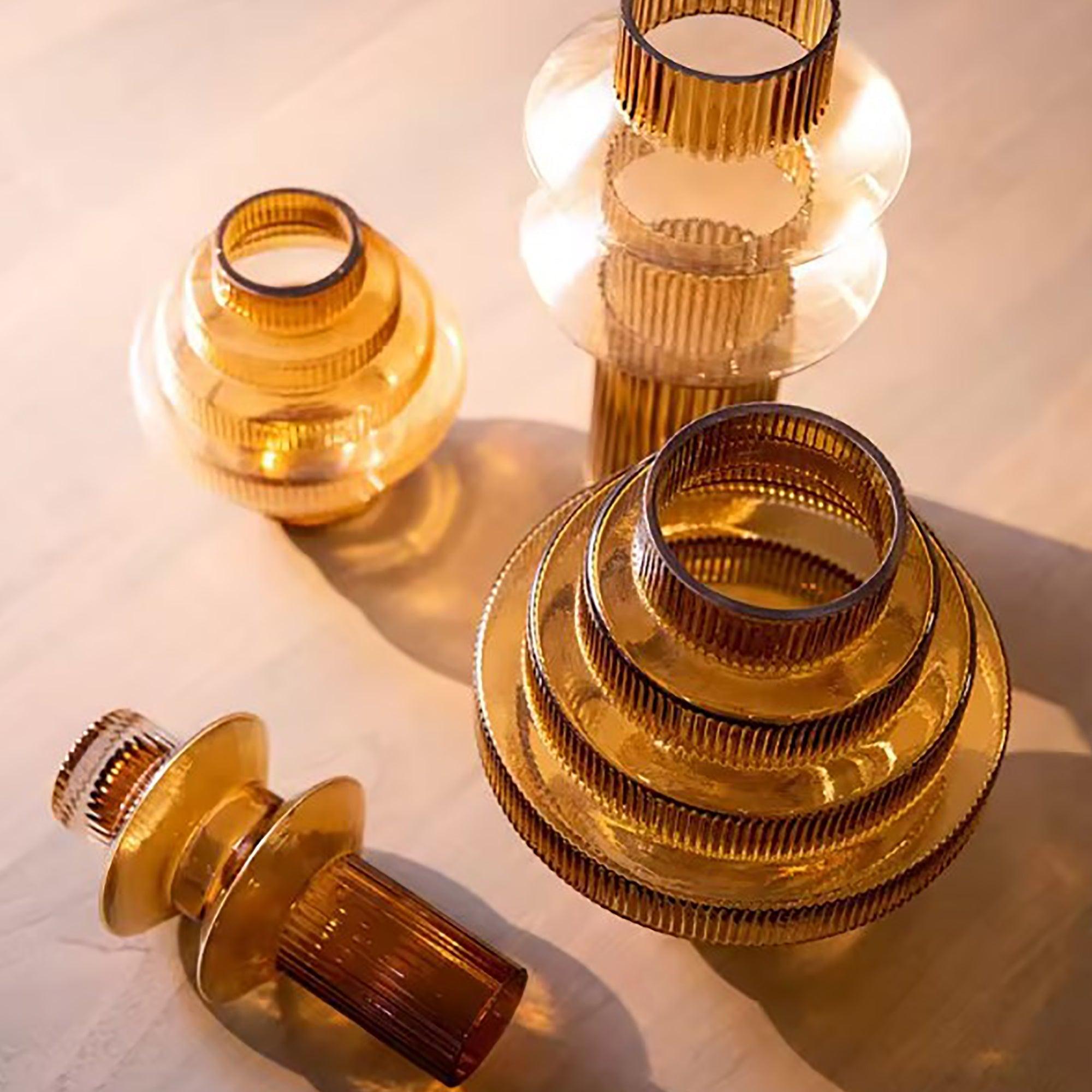 Ribbed Layered Wide Glass Vase-Large-Amber - PRHOMZ