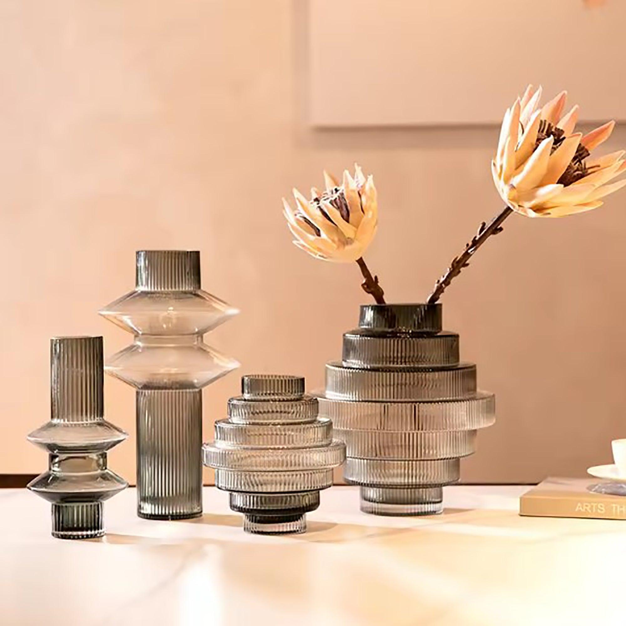 Ribbed Layered Wide Glass Vase-Medium-Grey - PRHOMZ