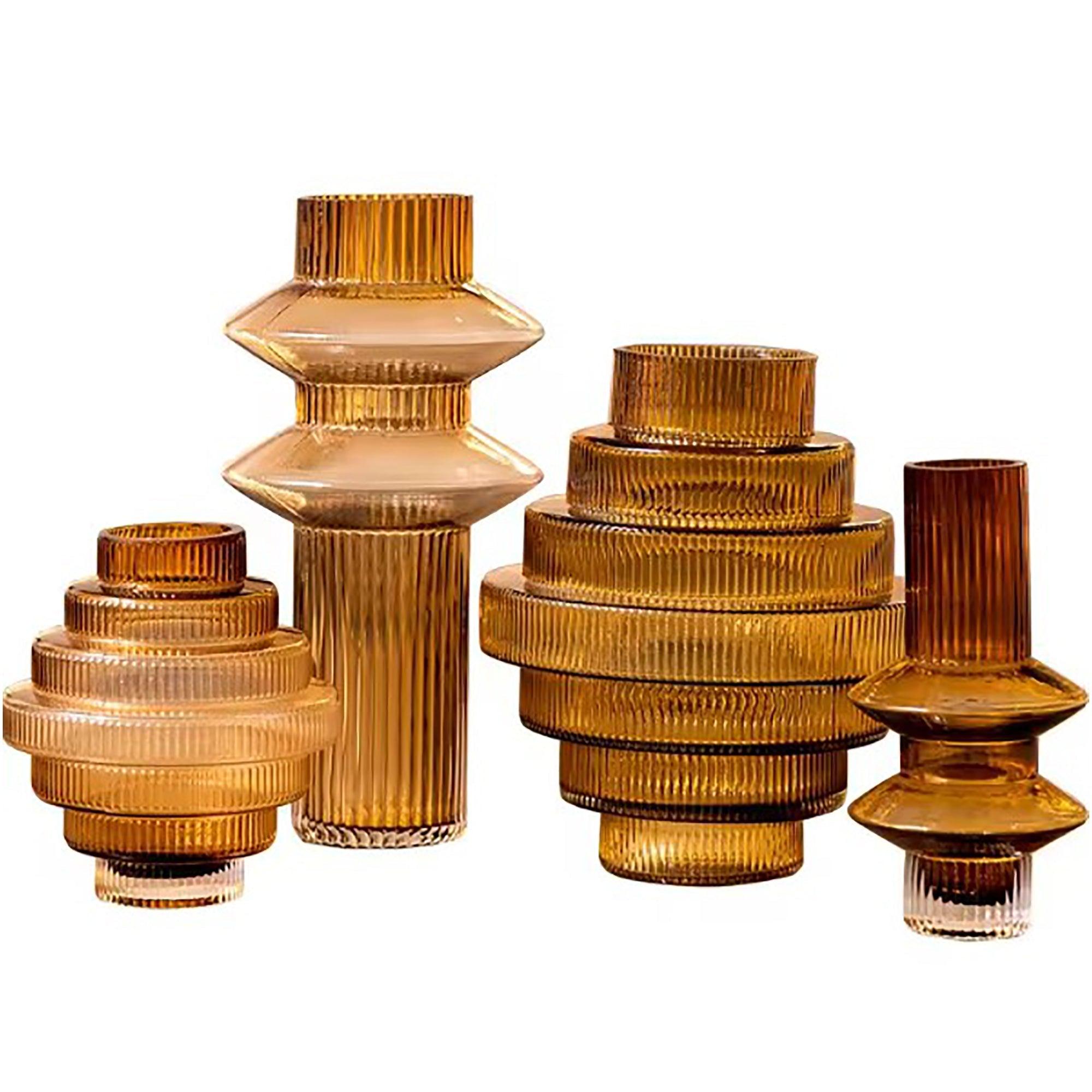 Ribbed Layered Wide Glass Vase-Medium-Amber - PRHOMZ