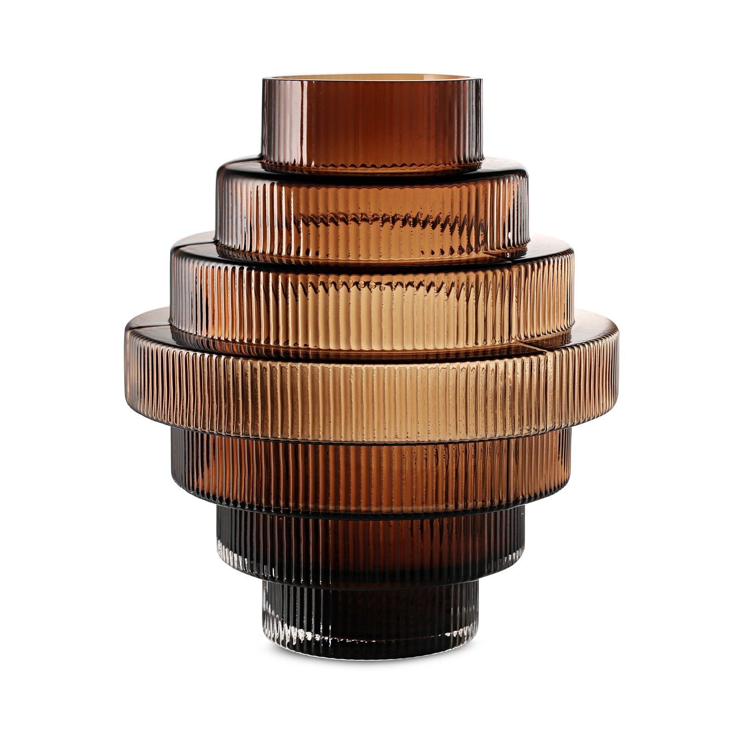 Ribbed Layered Wide Glass Vase-Large-Amber - PRHOMZ