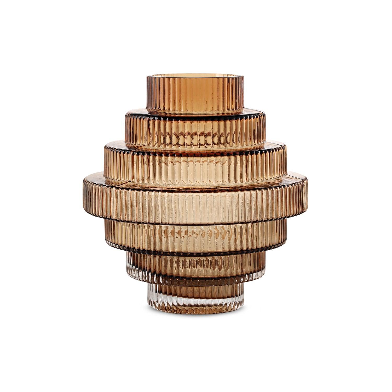 Ribbed Layered Wide Glass Vase-Medium-Amber - PRHOMZ