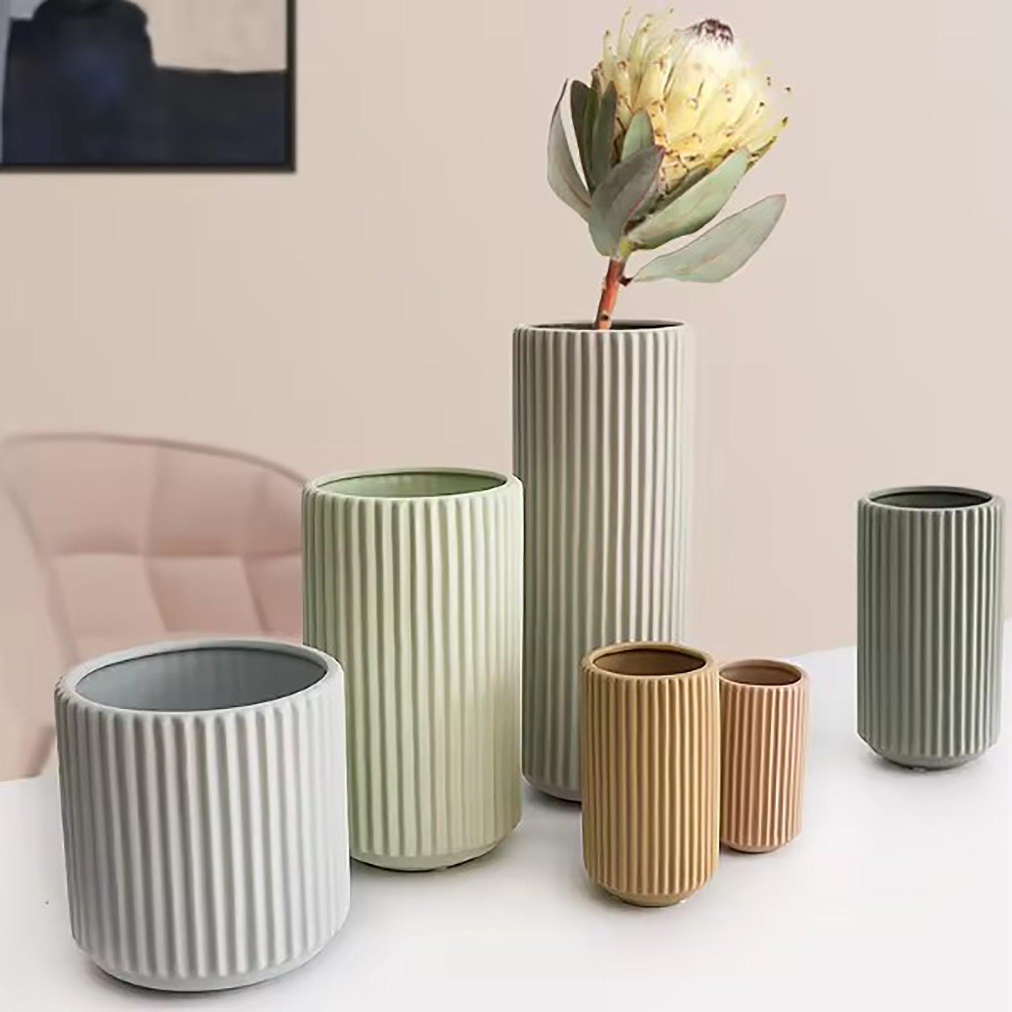 Ribbed Ceramic Vase-Beige-XXXL - PRHOMZ