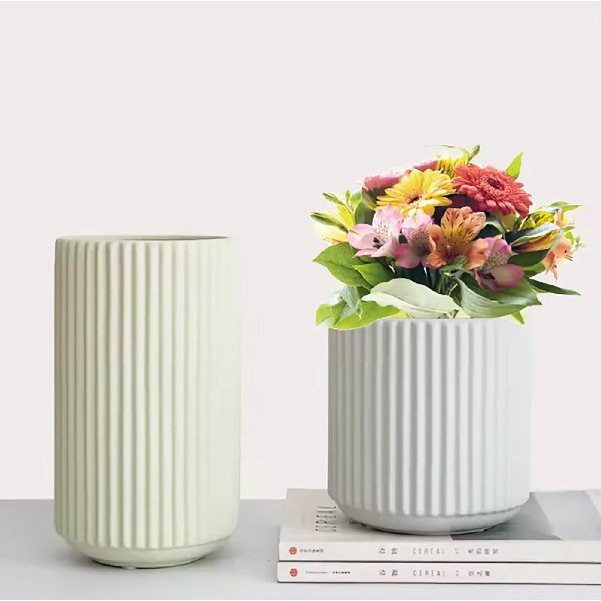 Ribbed Ceramic Vase-Grey-L - PRHOMZ