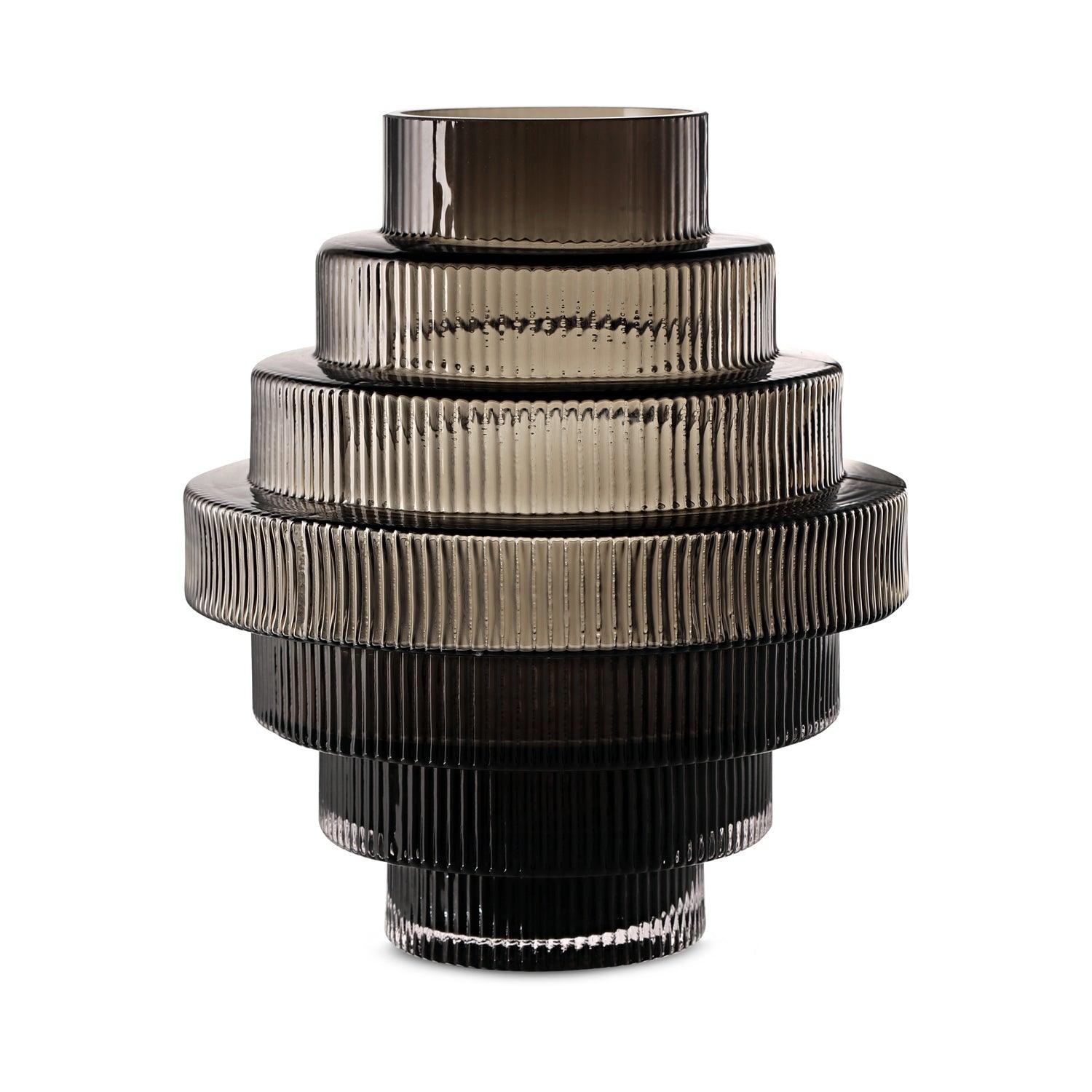 Ribbed Layered Wide Glass Vase-Large-Grey - PRHOMZ
