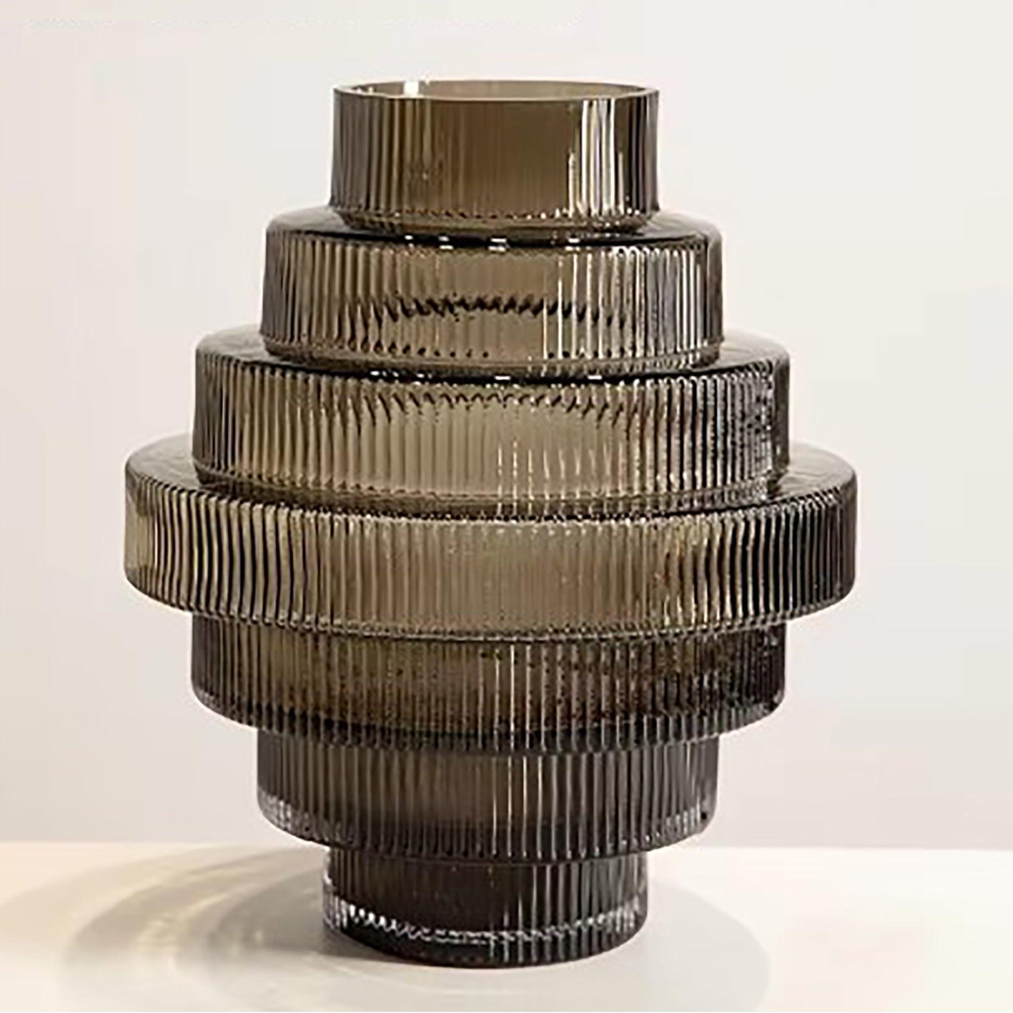 Ribbed Layered Wide Glass Vase-Large-Grey - PRHOMZ