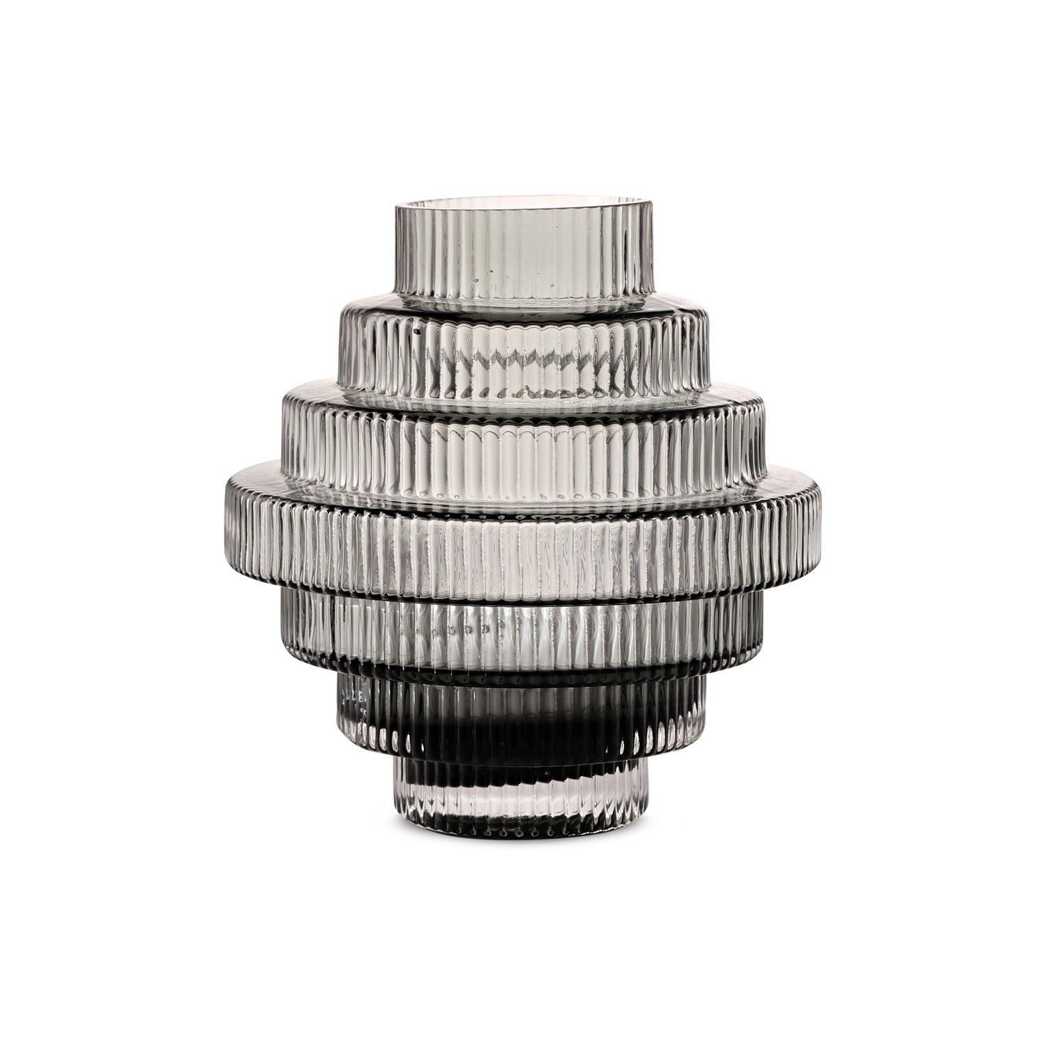 Ribbed Layered Wide Glass Vase-Medium-Grey - PRHOMZ