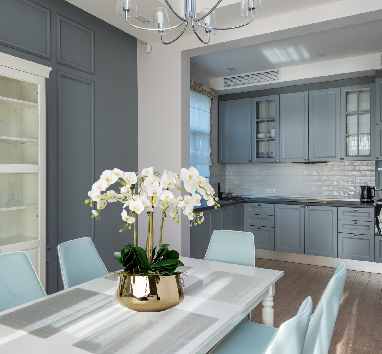 Faux orchid arrangement with white orchids in gold pot - 26"-4